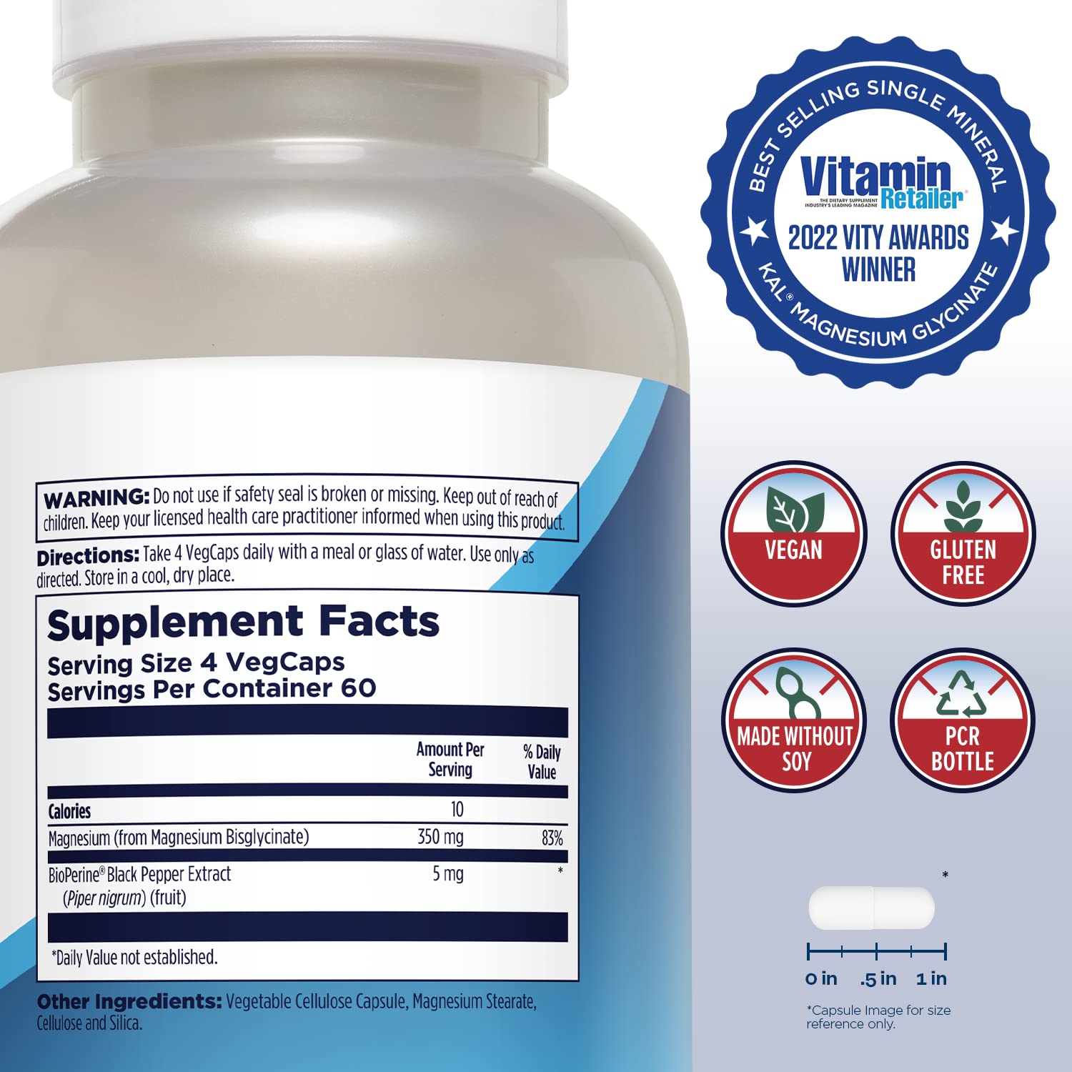 KAL Magnesium Glycinate Supplement 286g side view