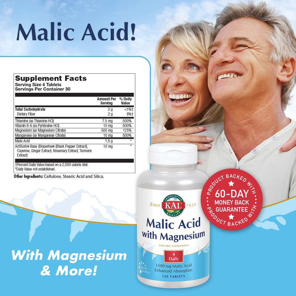 KAL Magnesium Malate Supplement 258g back view with ingredients