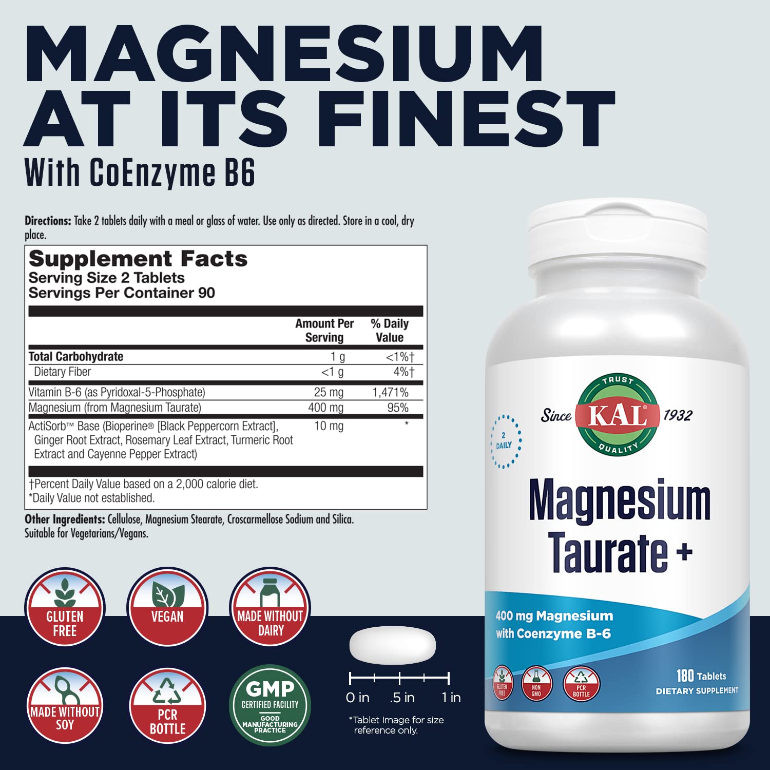 KAL Magnesium Taurate Plus 400 tablets side view