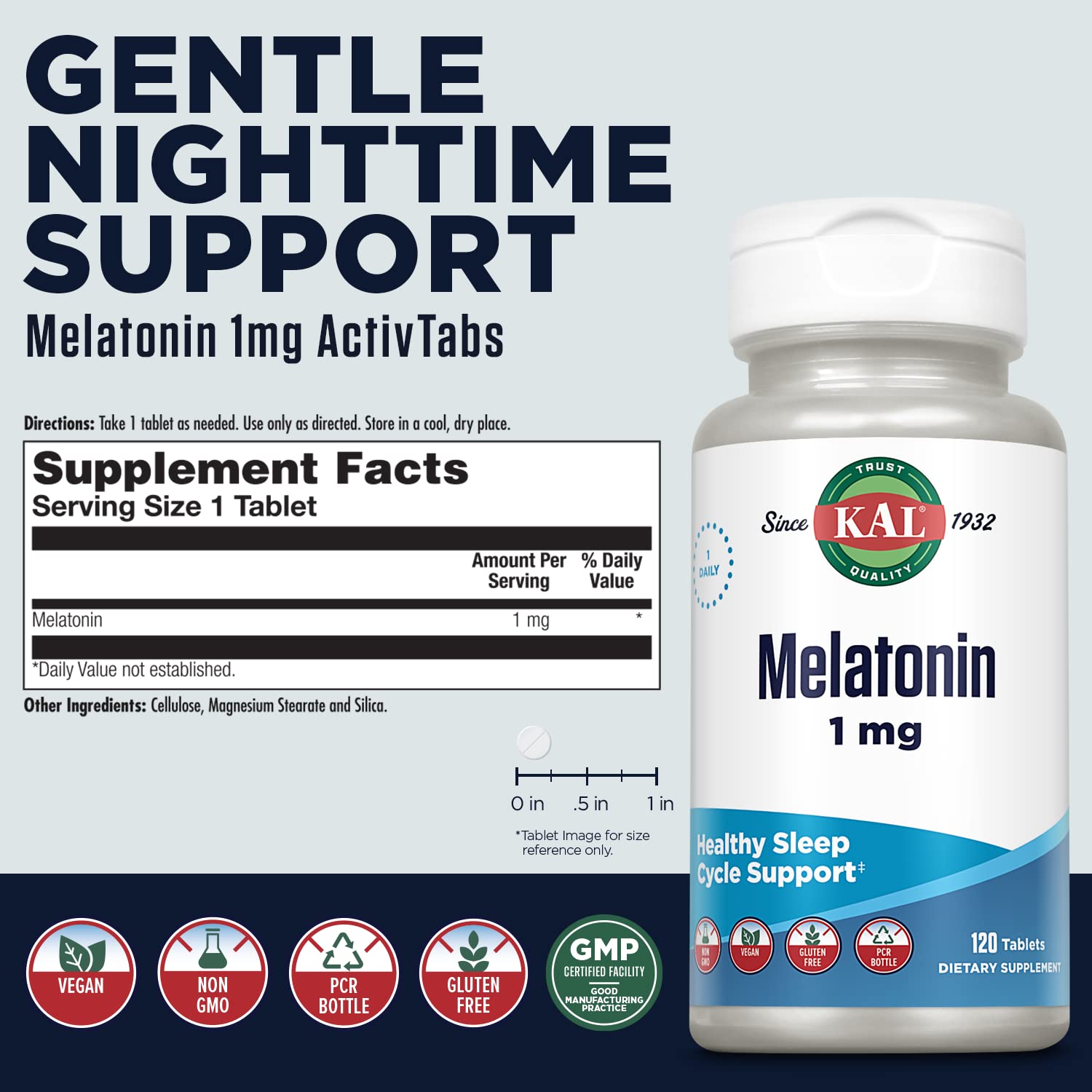 KAL Melatonin 1 mg Sleep Aid 120 Tablets back view