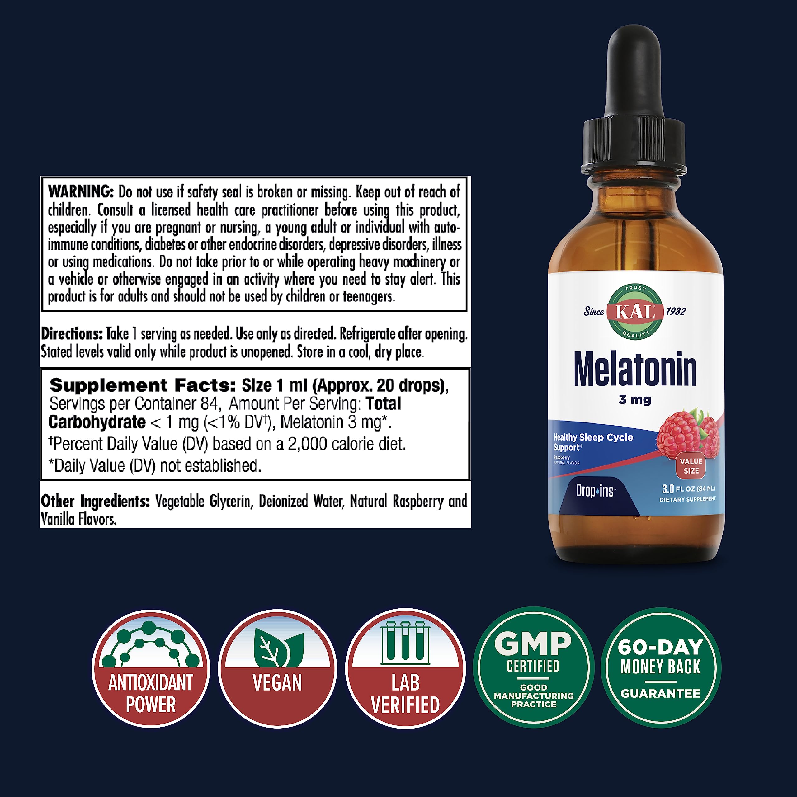 KAL Melatonin 3mg Drops packaging with raspberry flavour