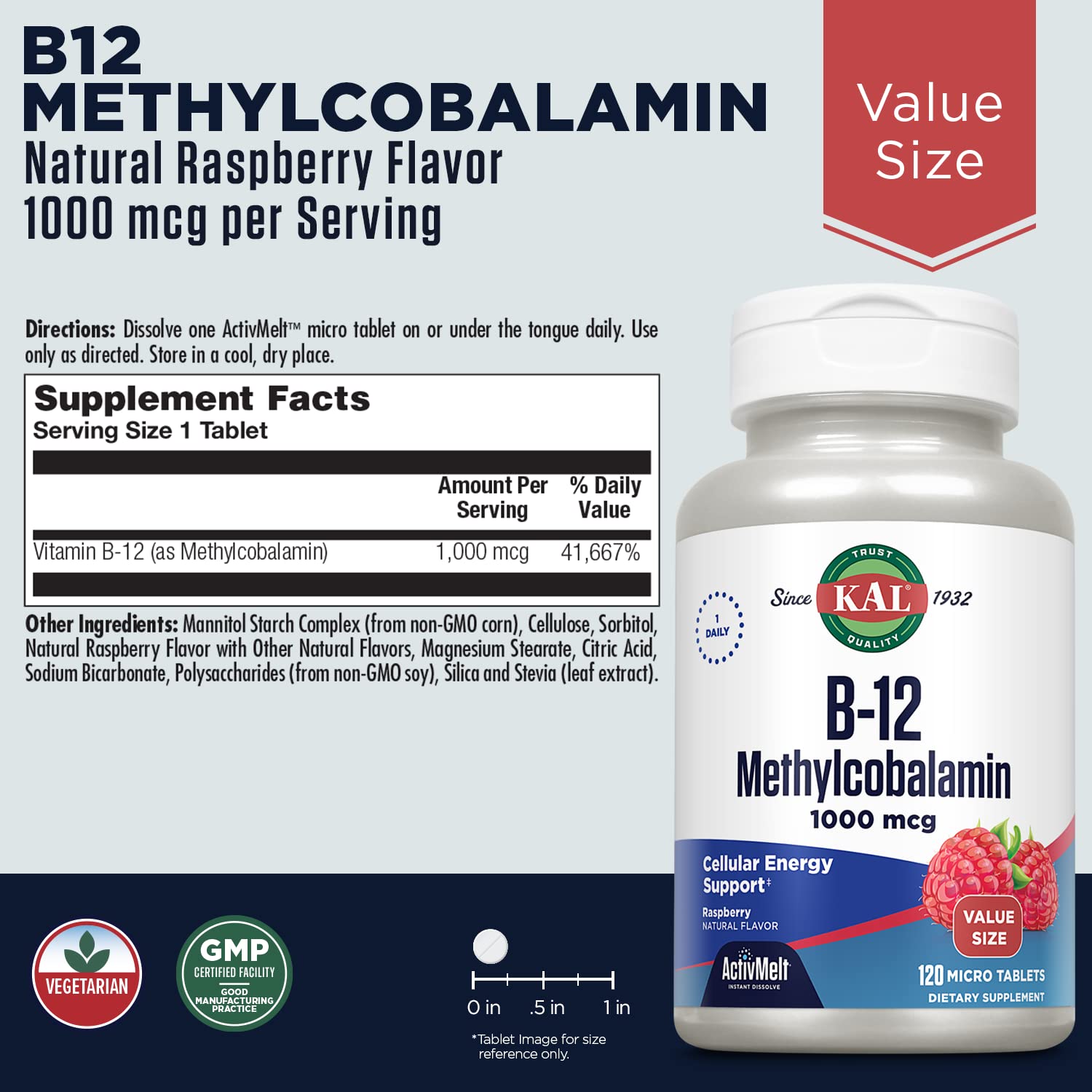 KAL Methyl B12 Supplement 1000 mcg micro tablets close-up