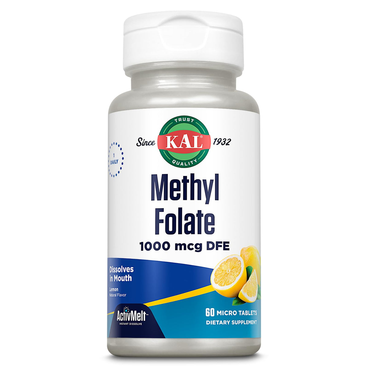 KAL Methylated Folate Supplement bottle front view with 60 tablets