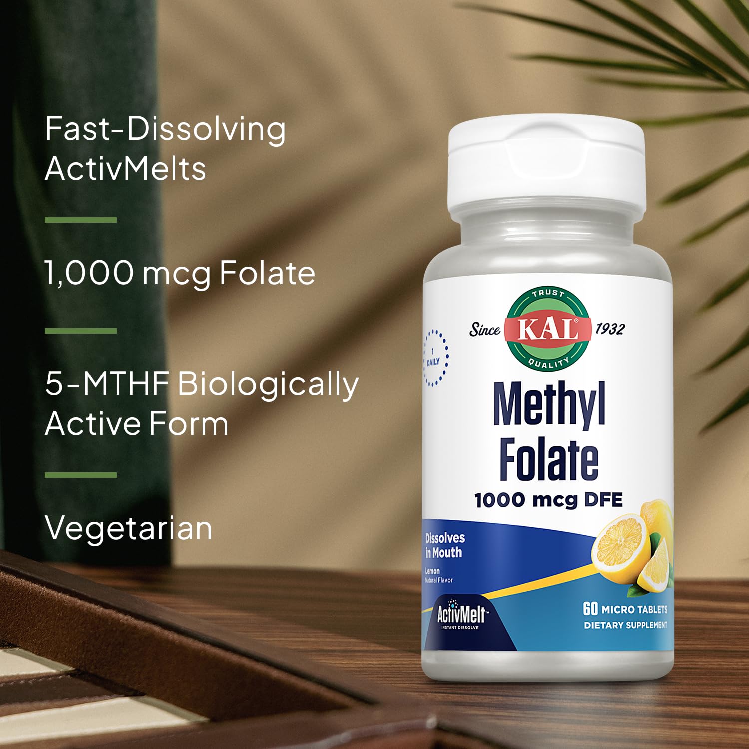 KAL Methylated Folate Supplement bottle side view