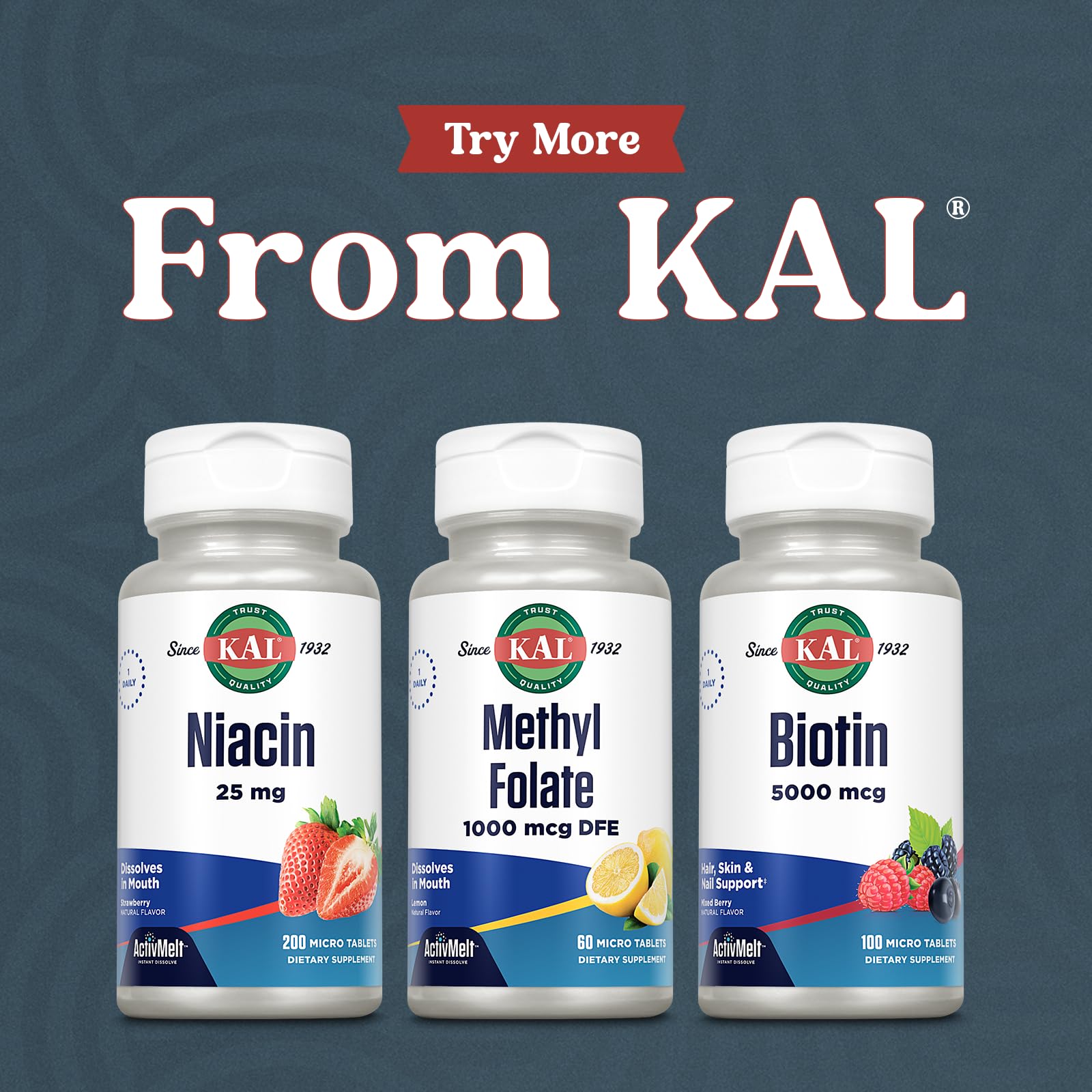 KAL Methylated Folate Supplement tablets on a wooden surface