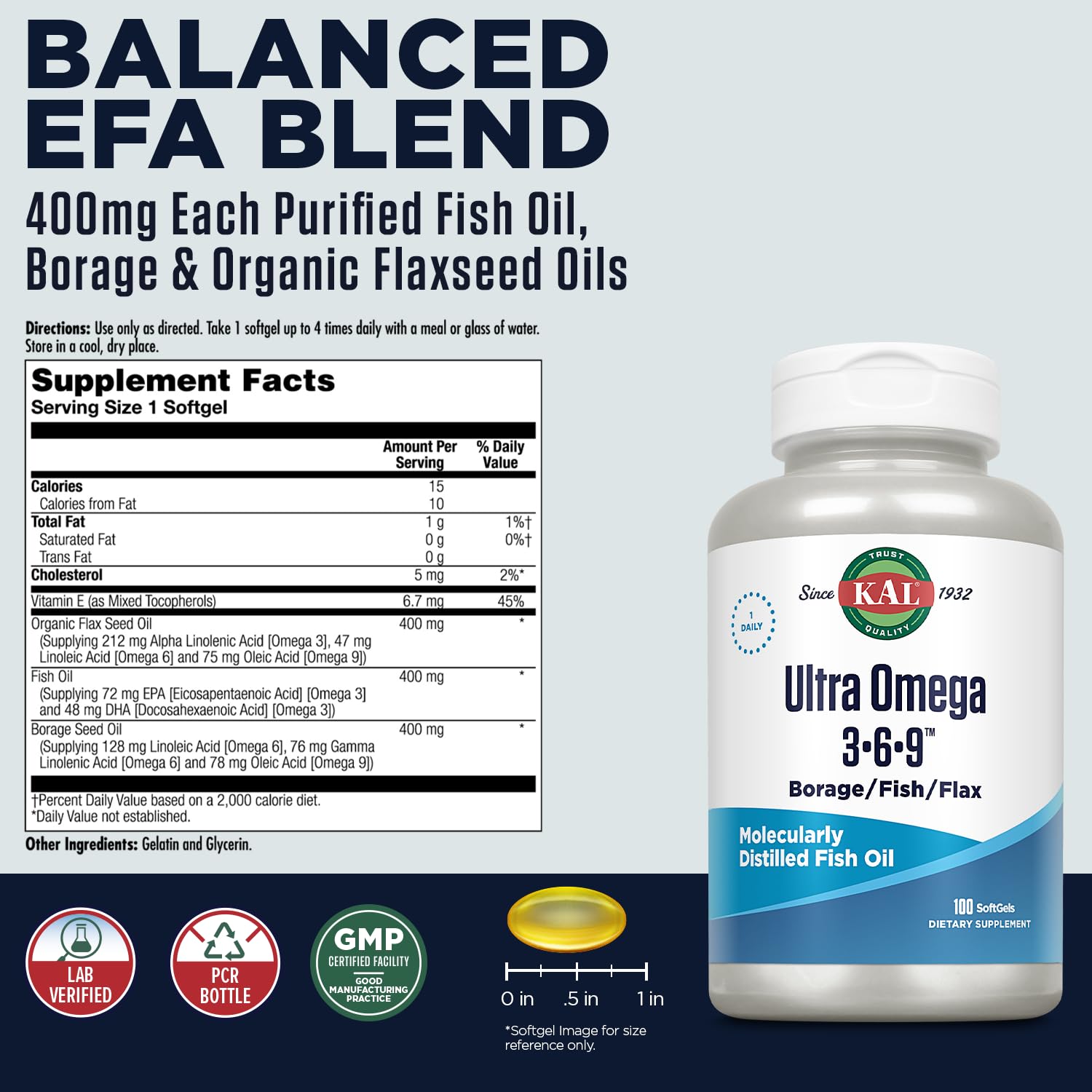 KAL Omega 3-6-9 Fish Oil Capsules side view