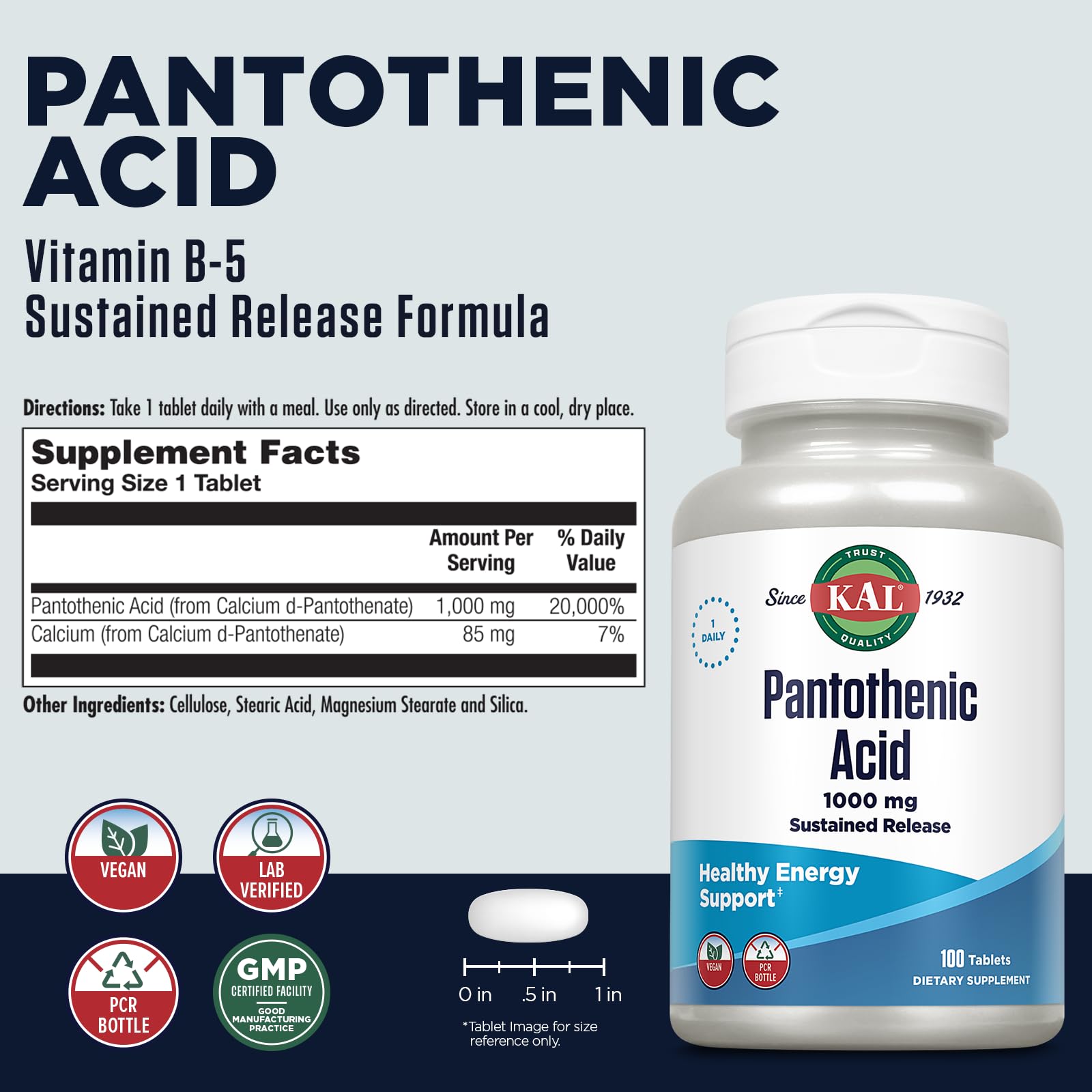 KAL Pantothenic Acid Supplement 1000mg side view
