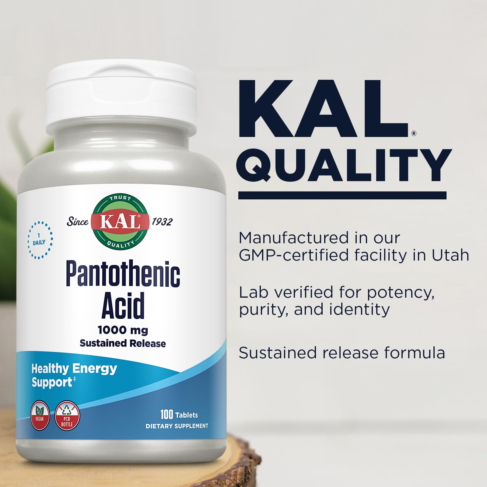 KAL Pantothenic Acid Supplement 1000mg tablet close-up