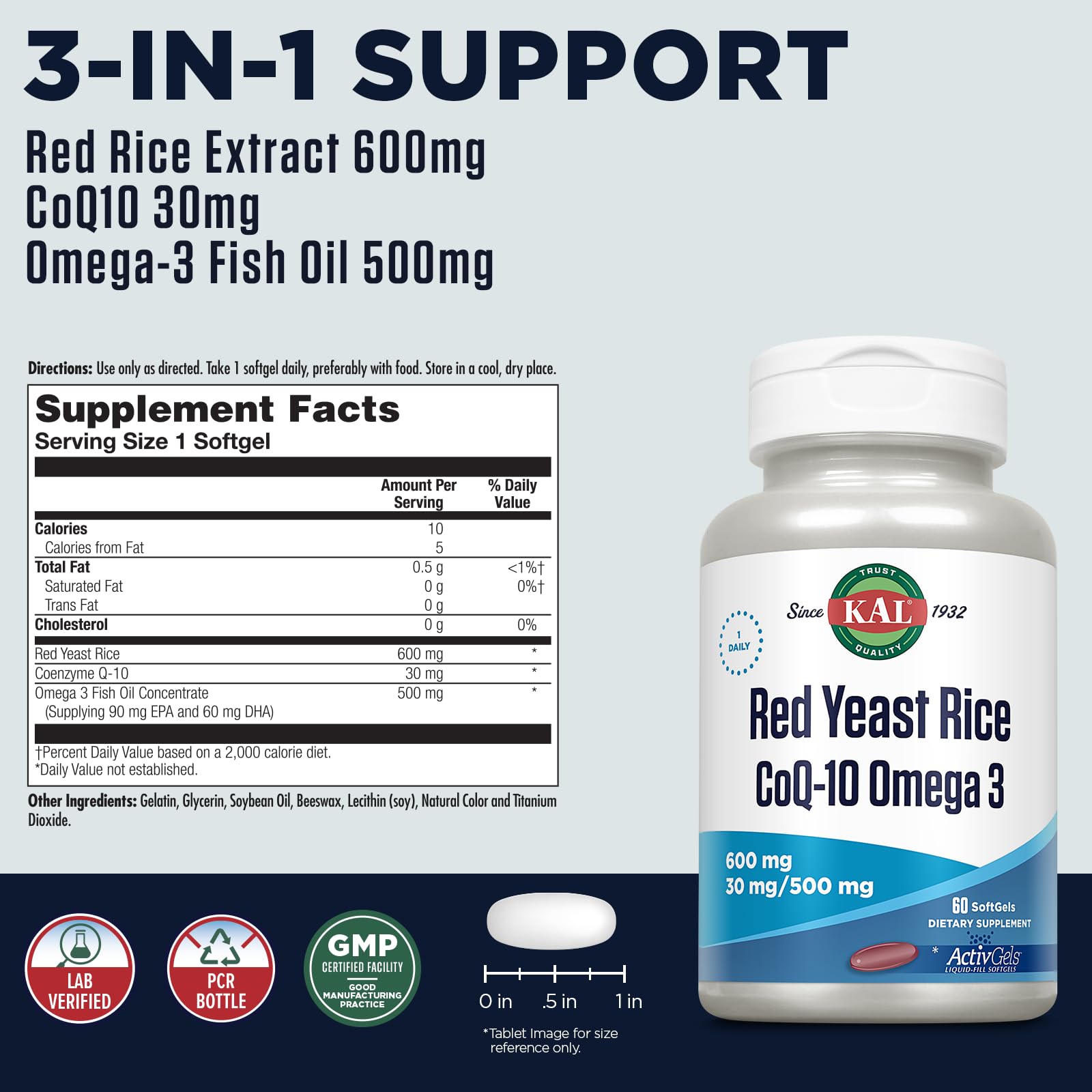KAL Red Yeast Rice Supplement packaging with soft gels