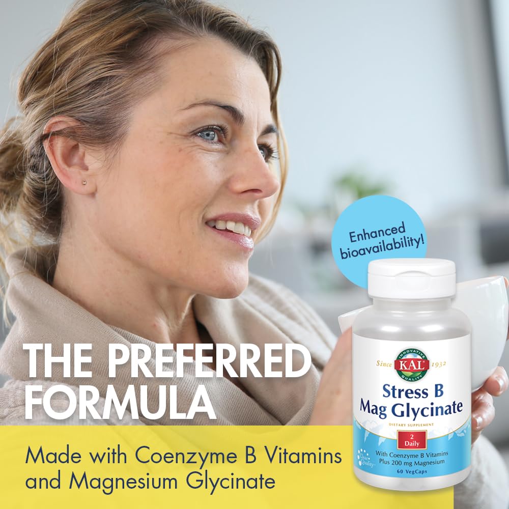 KAL Stress B Mag Glycinate B-Complex capsules on a wooden table