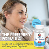 KAL Stress B Mag Glycinate B-Complex capsules on a wooden table