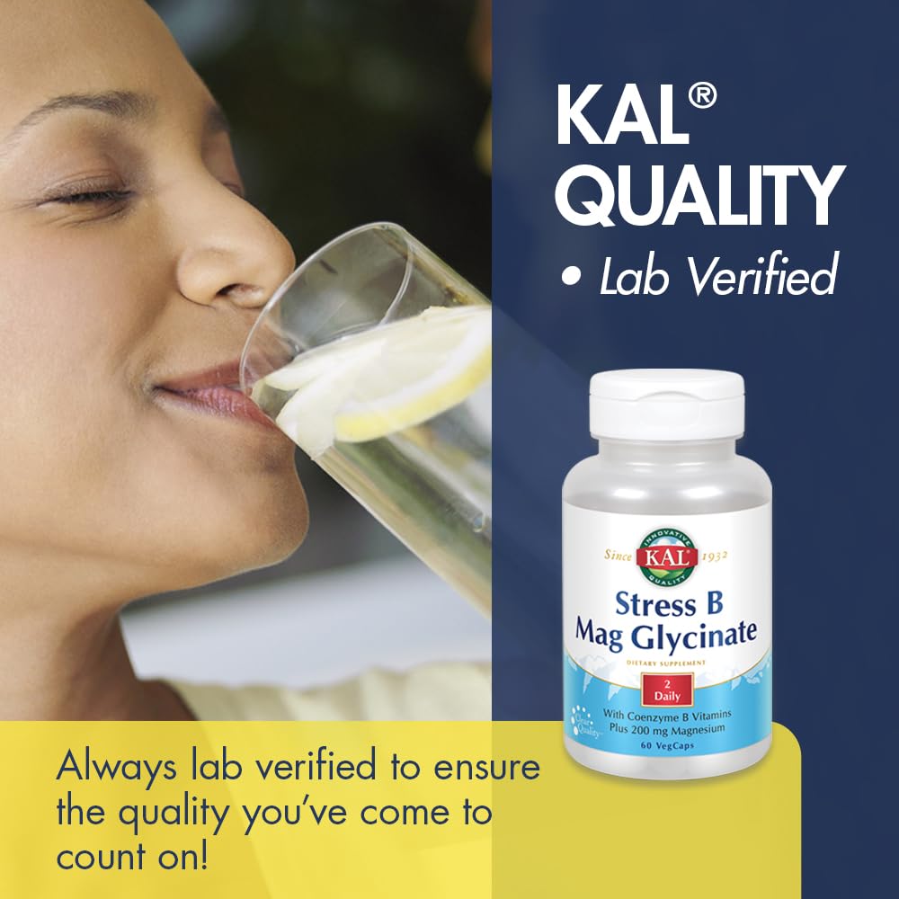 KAL Stress B Mag Glycinate B-Complex capsules with a glass of water