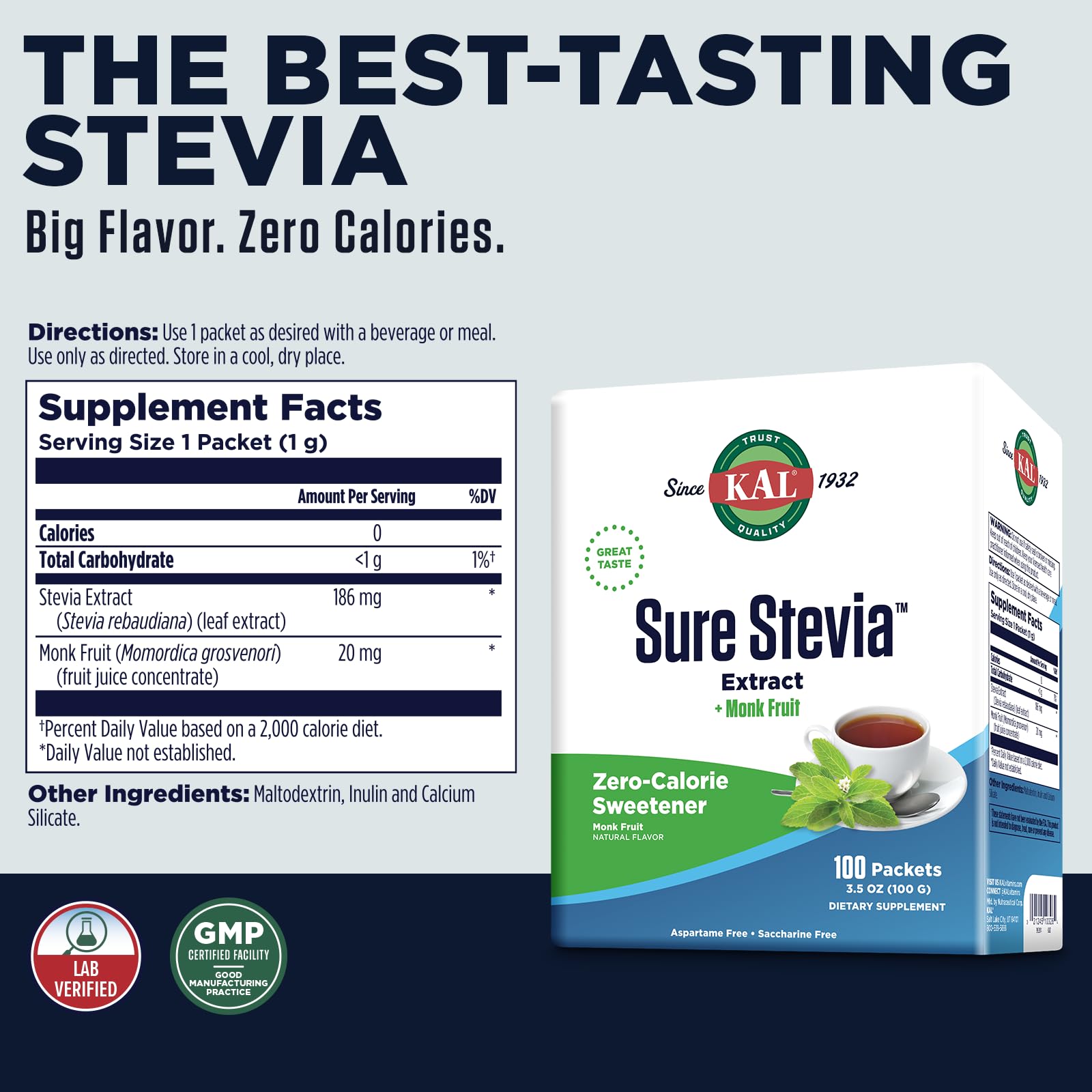 KAL Sure Stevia Plus Monkfruit packets back view