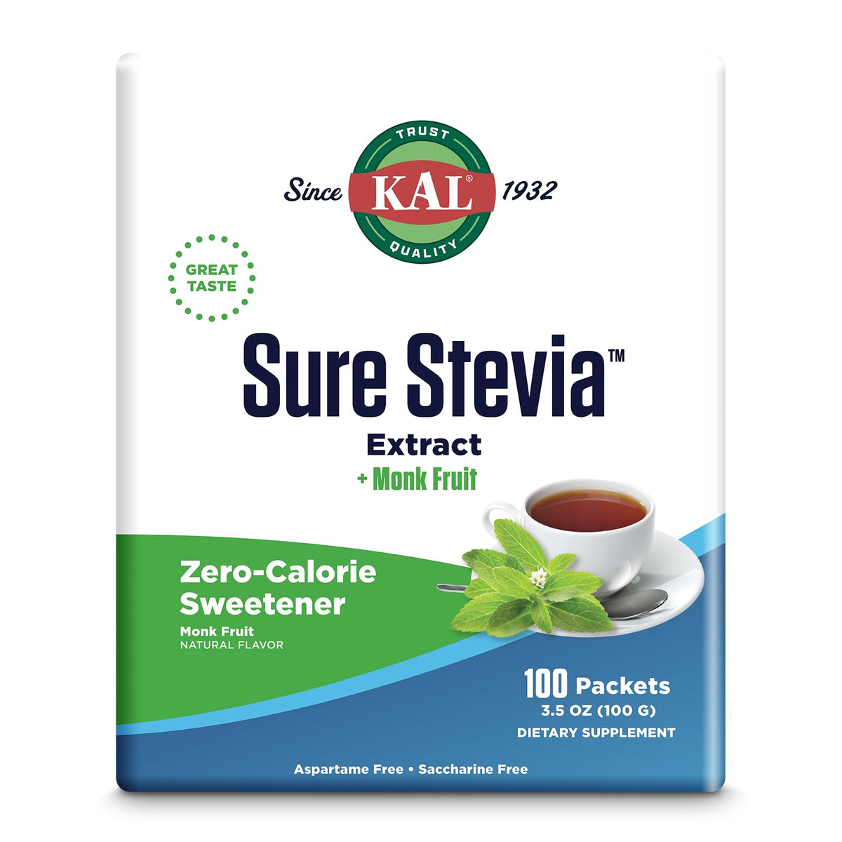 KAL Sure Stevia Plus Monkfruit packets front view