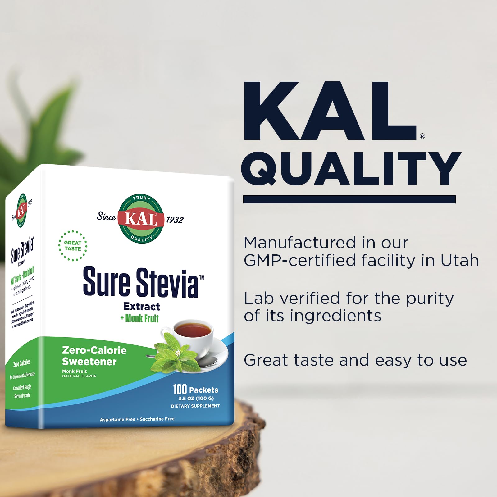 KAL Sure Stevia Plus Monkfruit packets in a kitchen setting