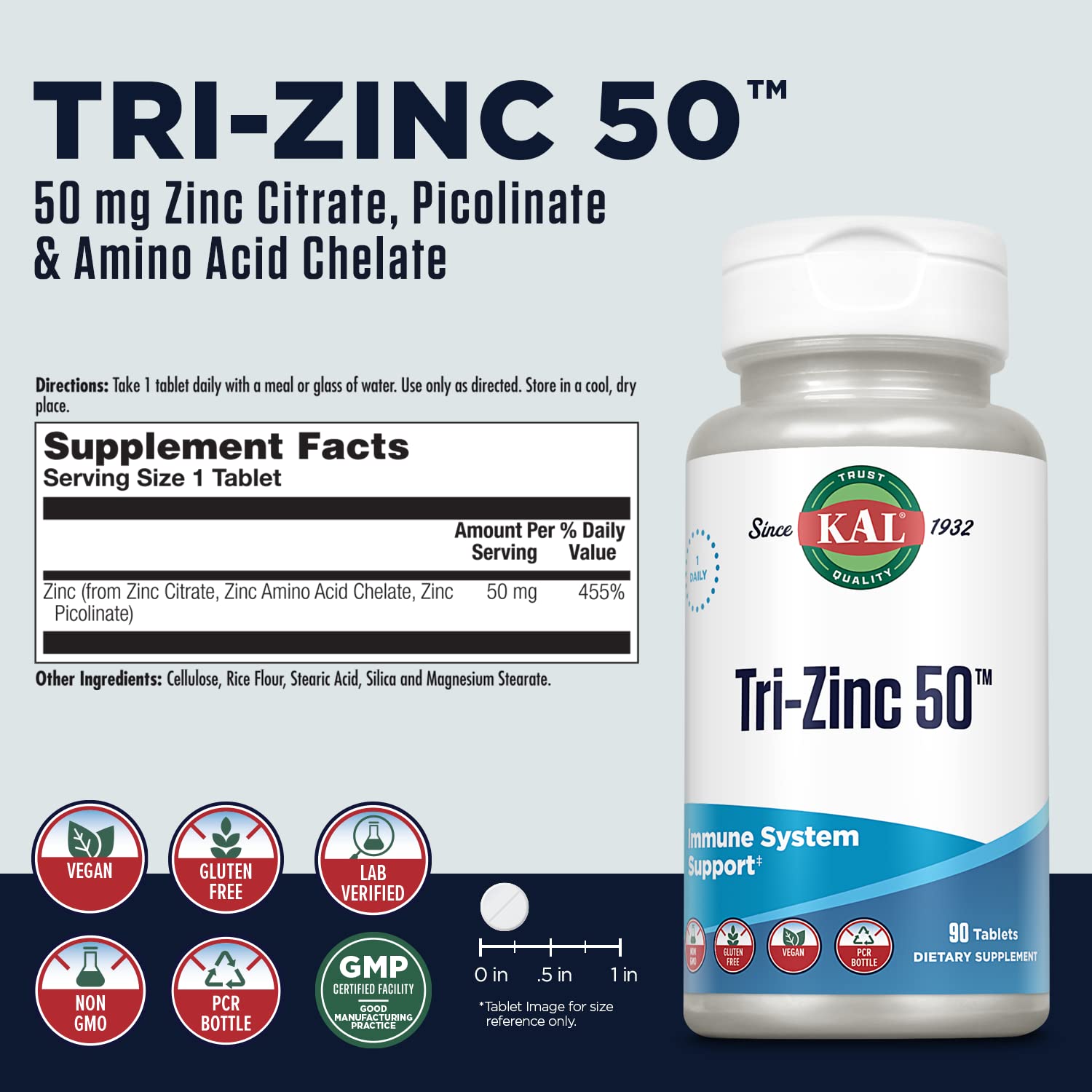 KAL Tri Zinc Supplement 50mg tablets close-up