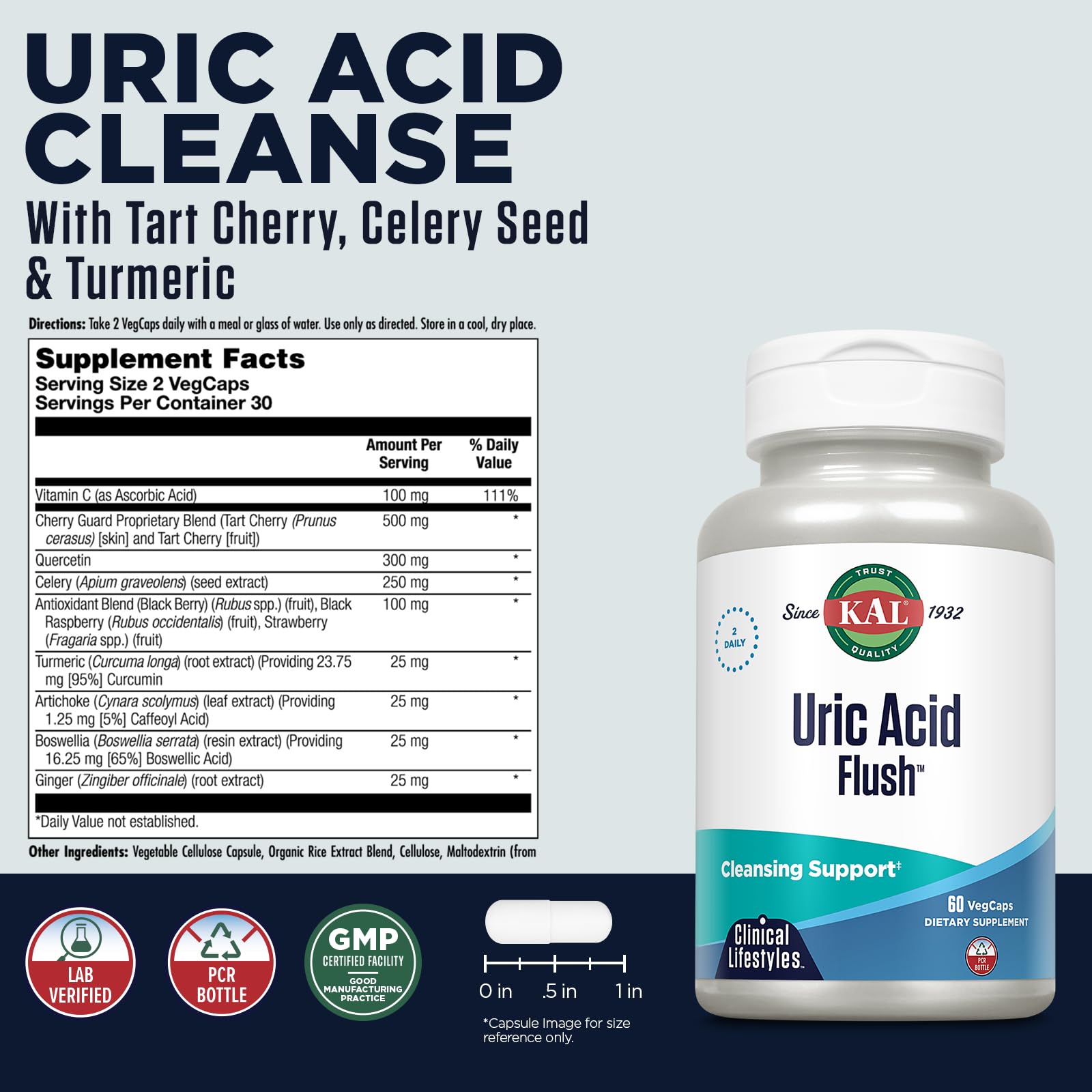 KAL Uric Acid Support Supplement 91g back view with ingredient list