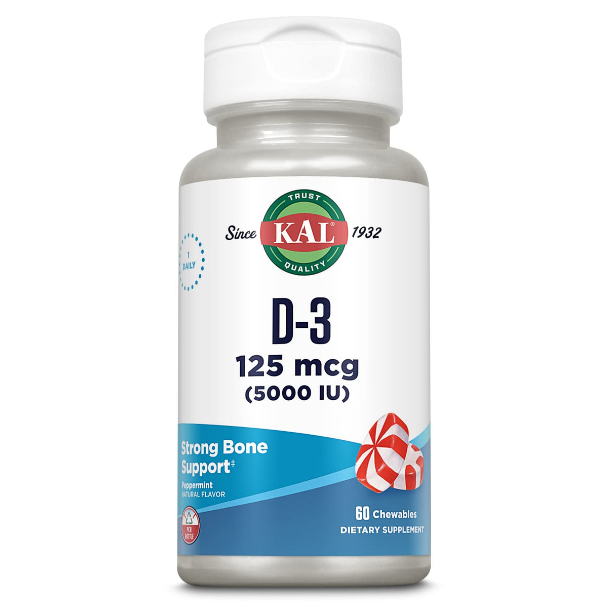 KAL Vitamin D-3 Chewables 125mcg peppermint flavour front view