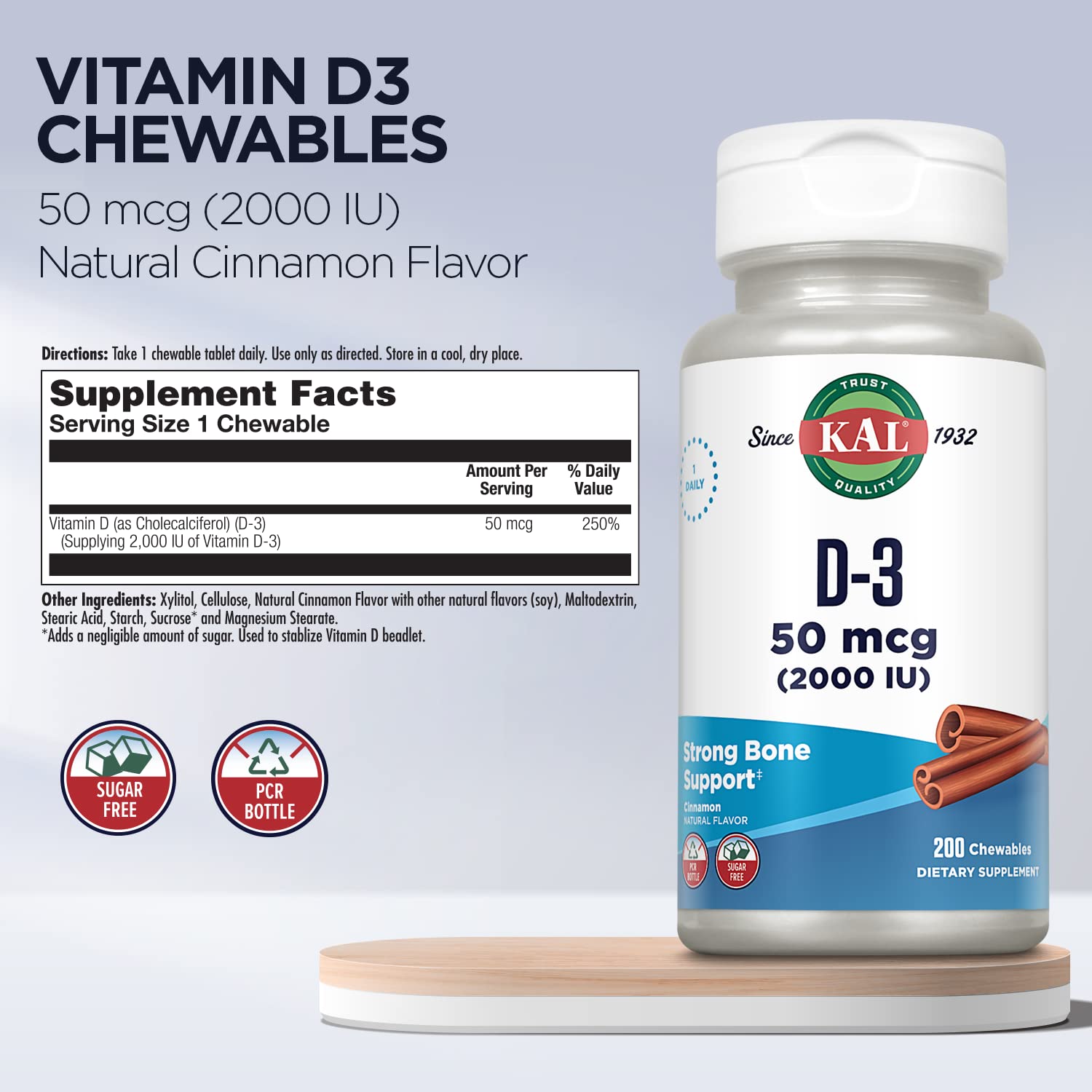 KAL Vitamin D Chewable Tablets 51g with a cinnamon stick