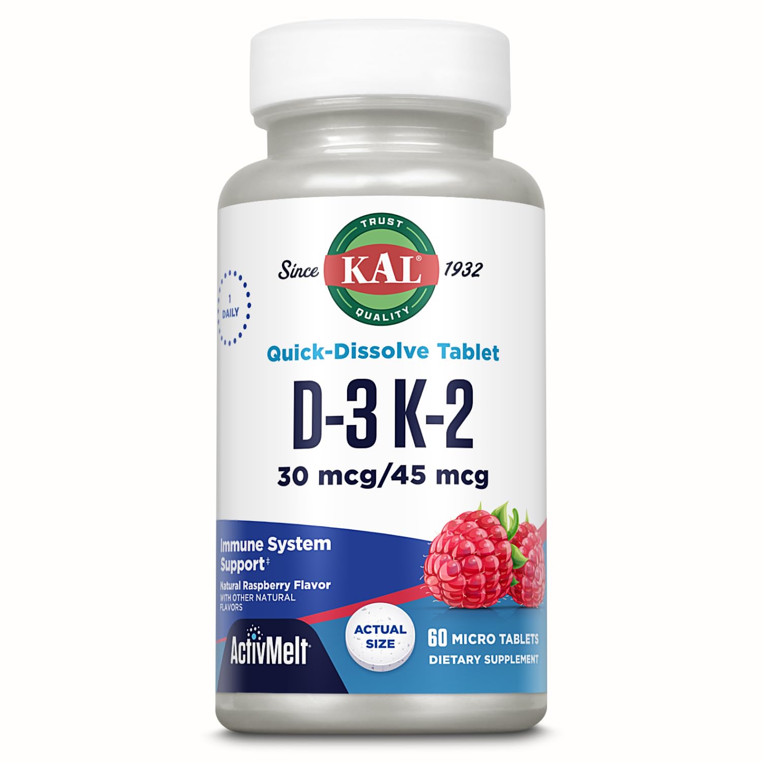 KAL Vitamin D3 K2 ActivMelt raspberry micro tablets front view