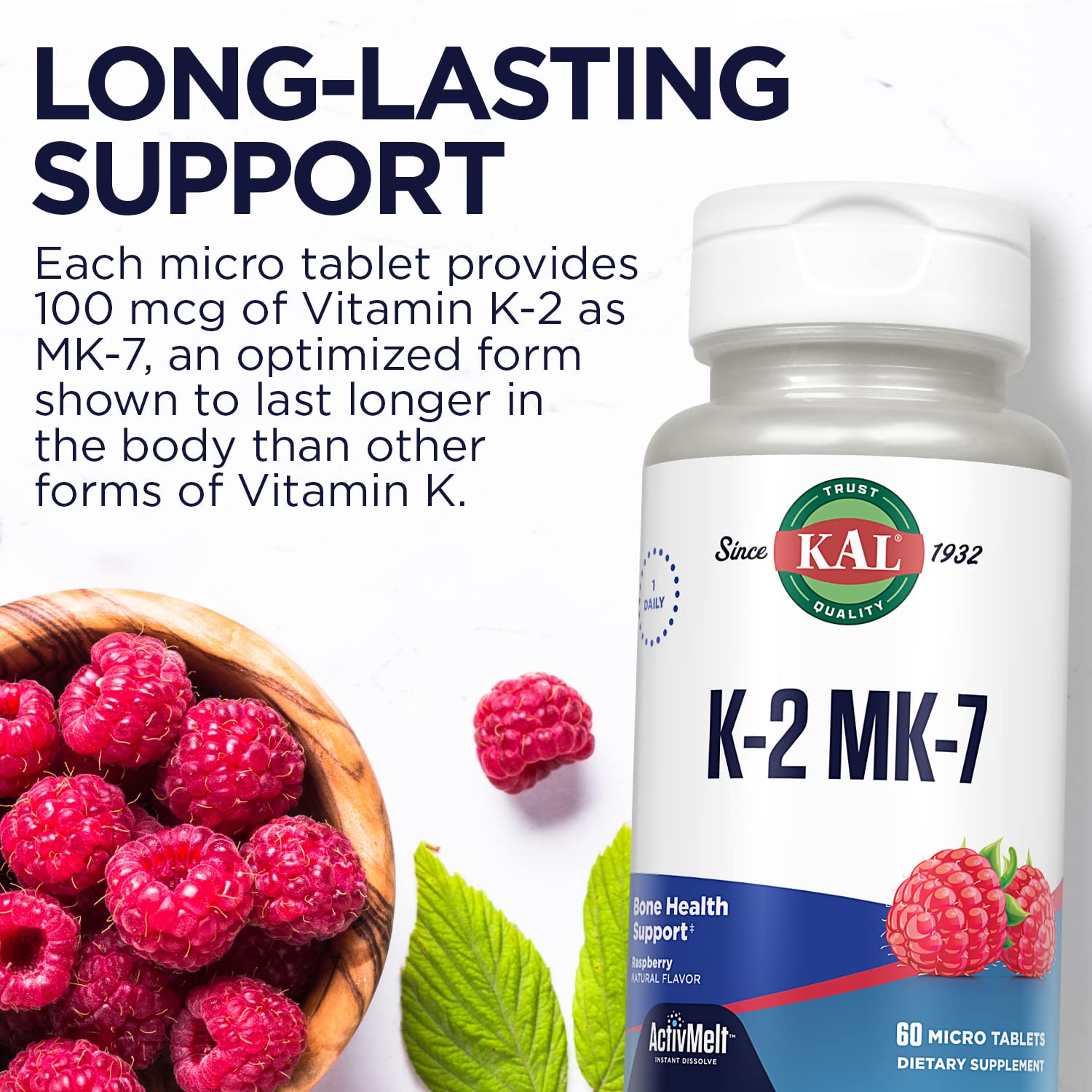 KAL Vitamin K2 MK7 ActivMelt Tablets back view with ingredients