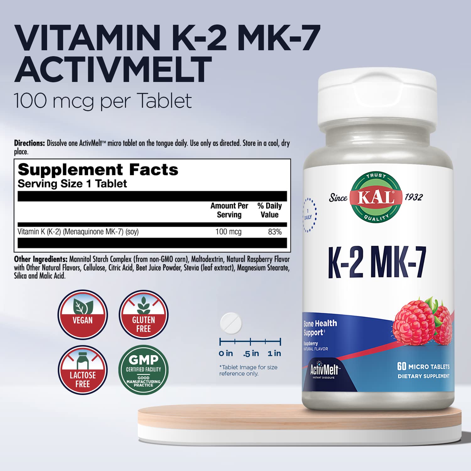 KAL Vitamin K2 MK7 ActivMelt Tablets raspberry flavour