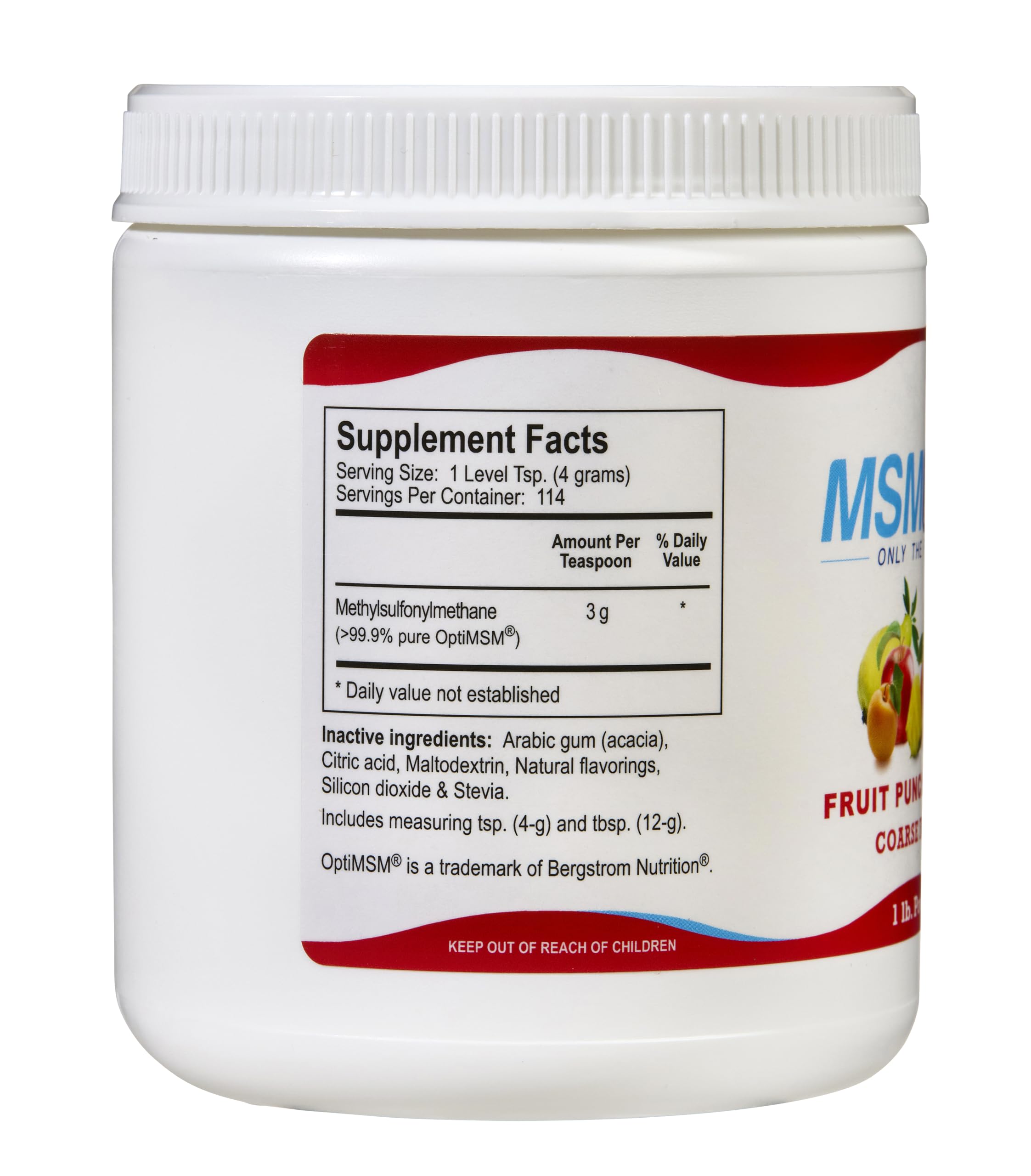 KALA HEALTH MSMPure MSM Supplement 454g back view showing ingredients
