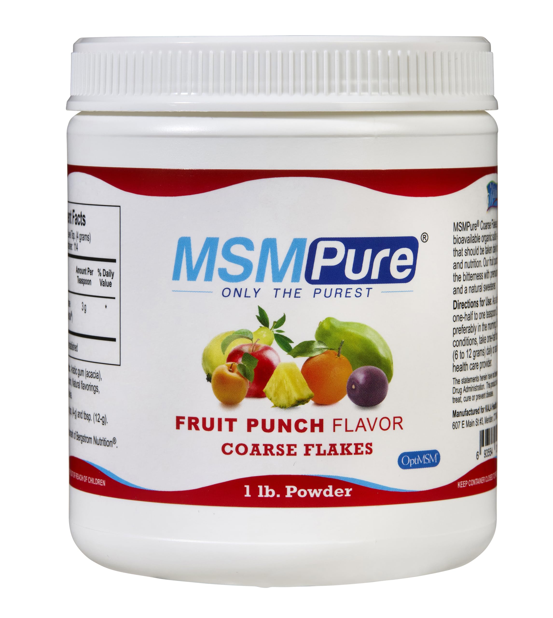 KALA HEALTH MSMPure MSM Supplement 454g front view with fruit punch flavour