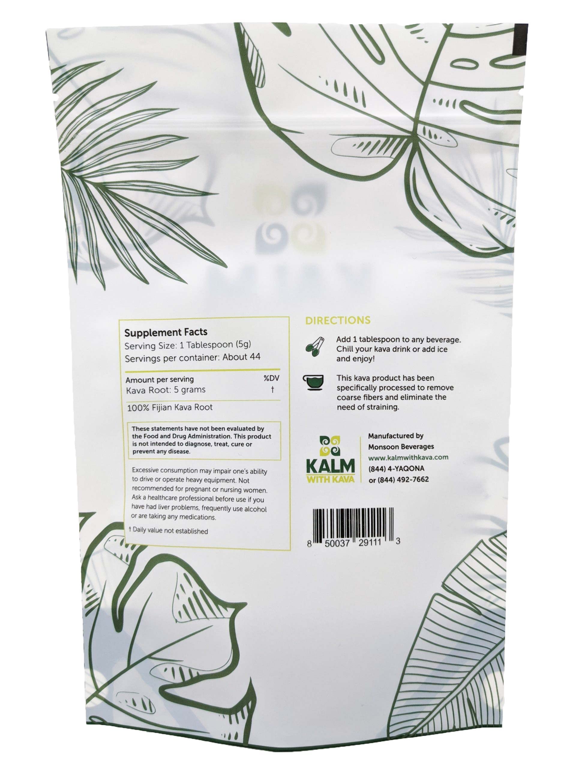 KALM Kava Kava Powder 113g with a scoop on a wooden table