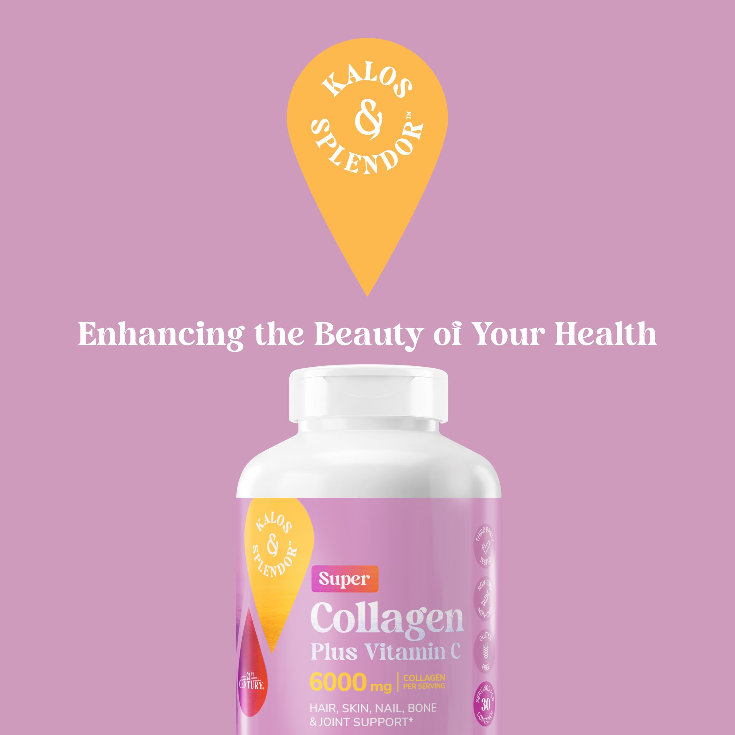 Kalos and Splendor Super Collagen Plus Vitamin C capsules on a wooden table