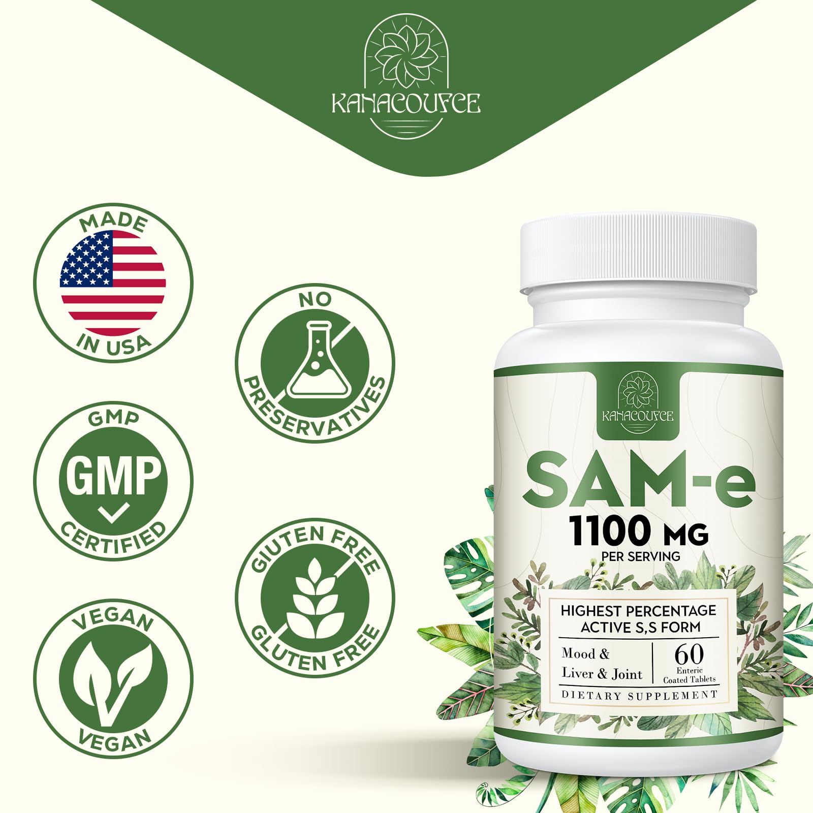 Kanacoufce SAM-e Supplement 1100mg bottle with background plants