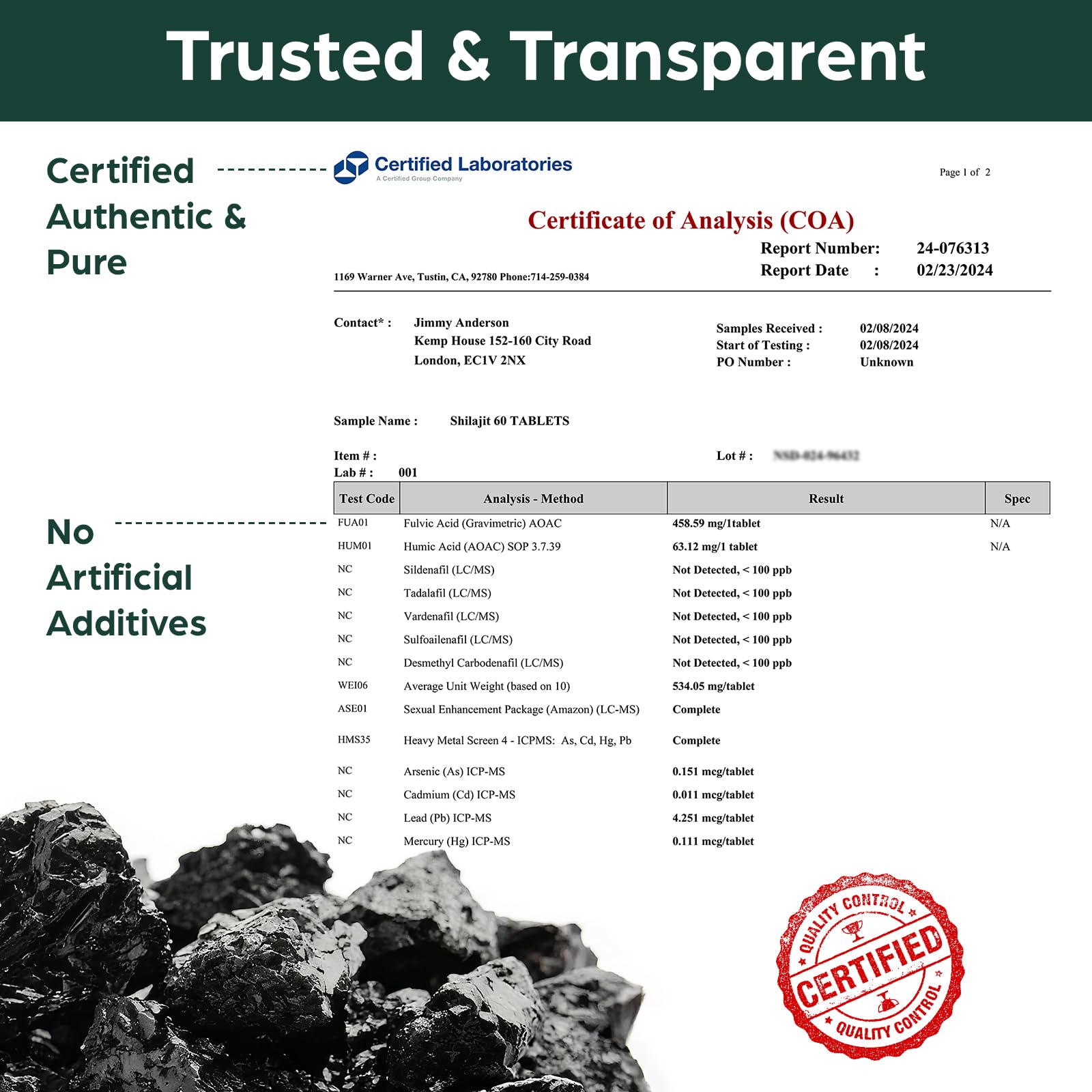 Kanacoufce Shilajit Tablets 500mg ingredients label