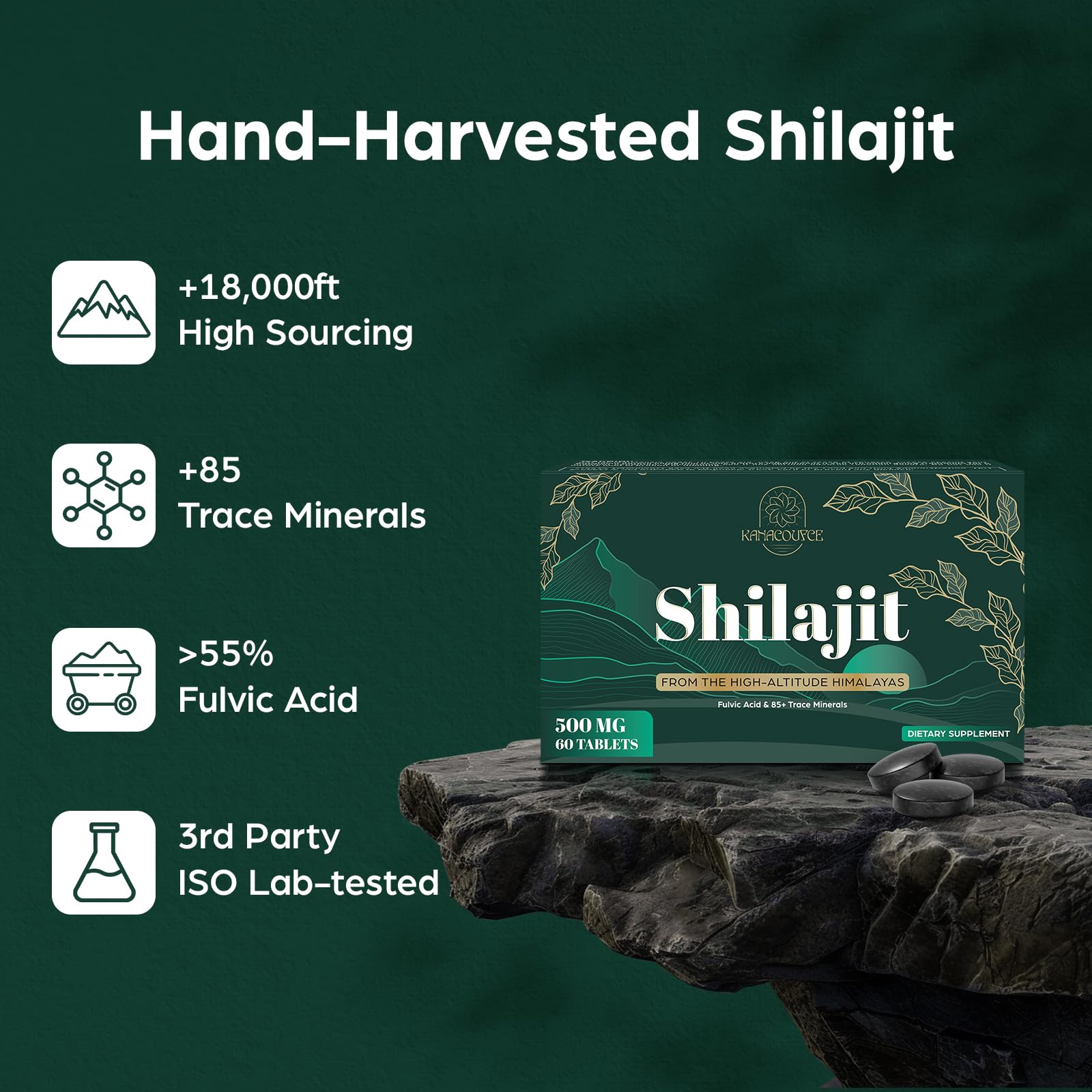 Kanacoufce Shilajit Tablets 500mg lifestyle scene with water