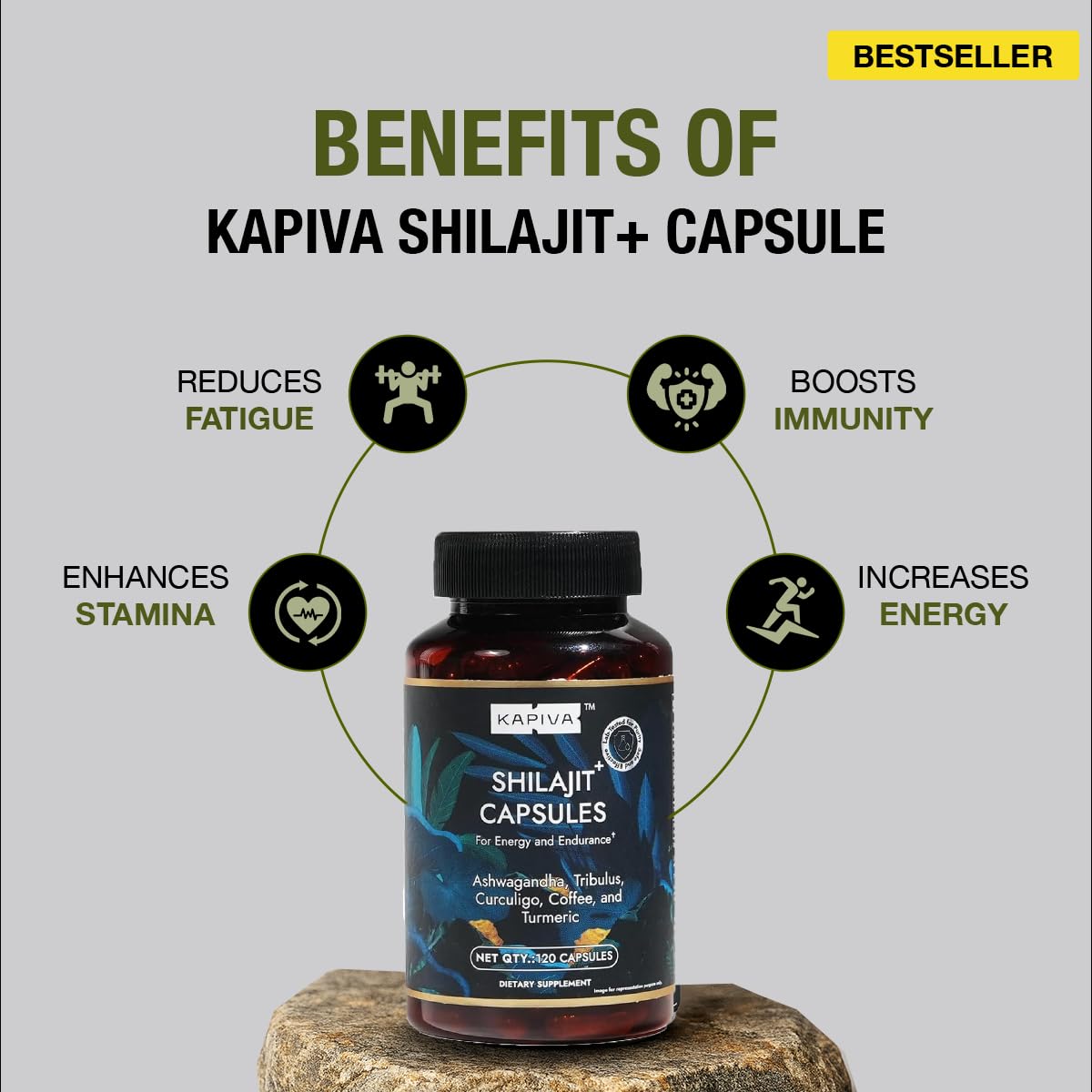 Kapiva Shilajit capsules with natural background