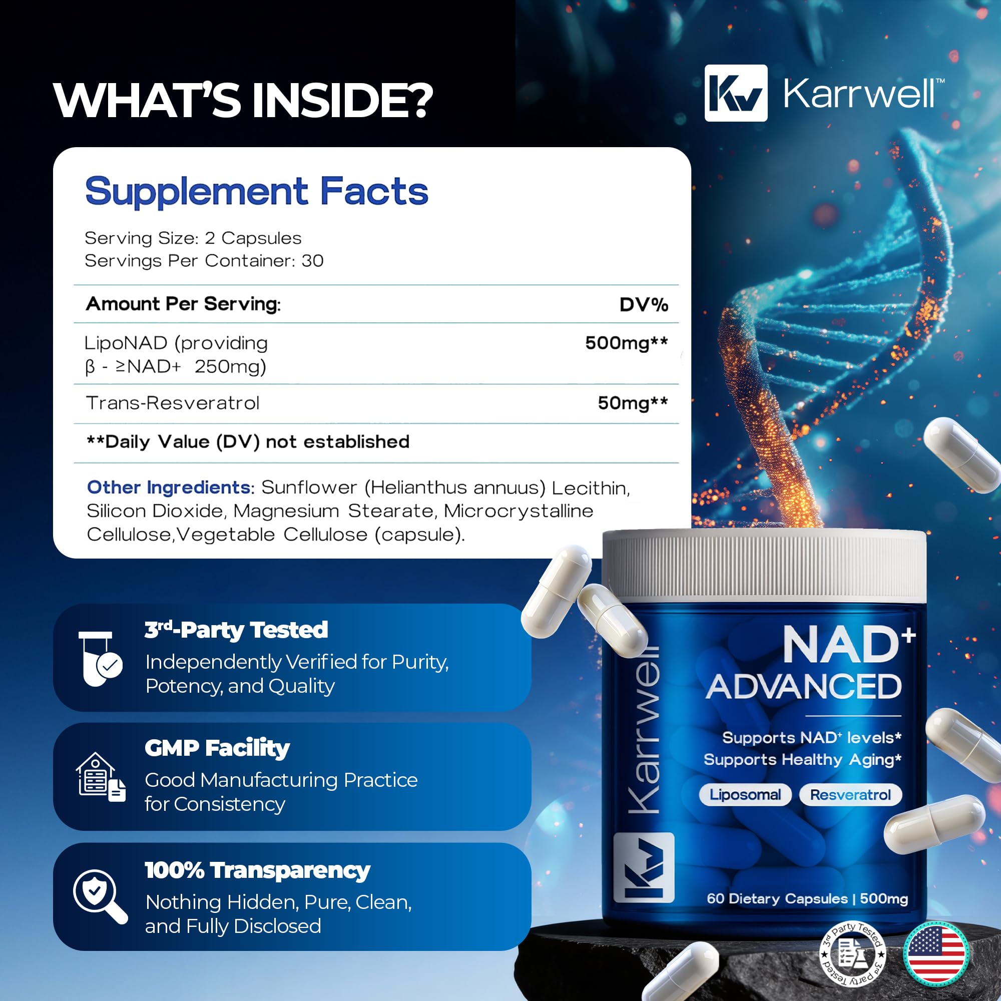 Karrwell Liposomal NAD+ Supplement capsules on a table