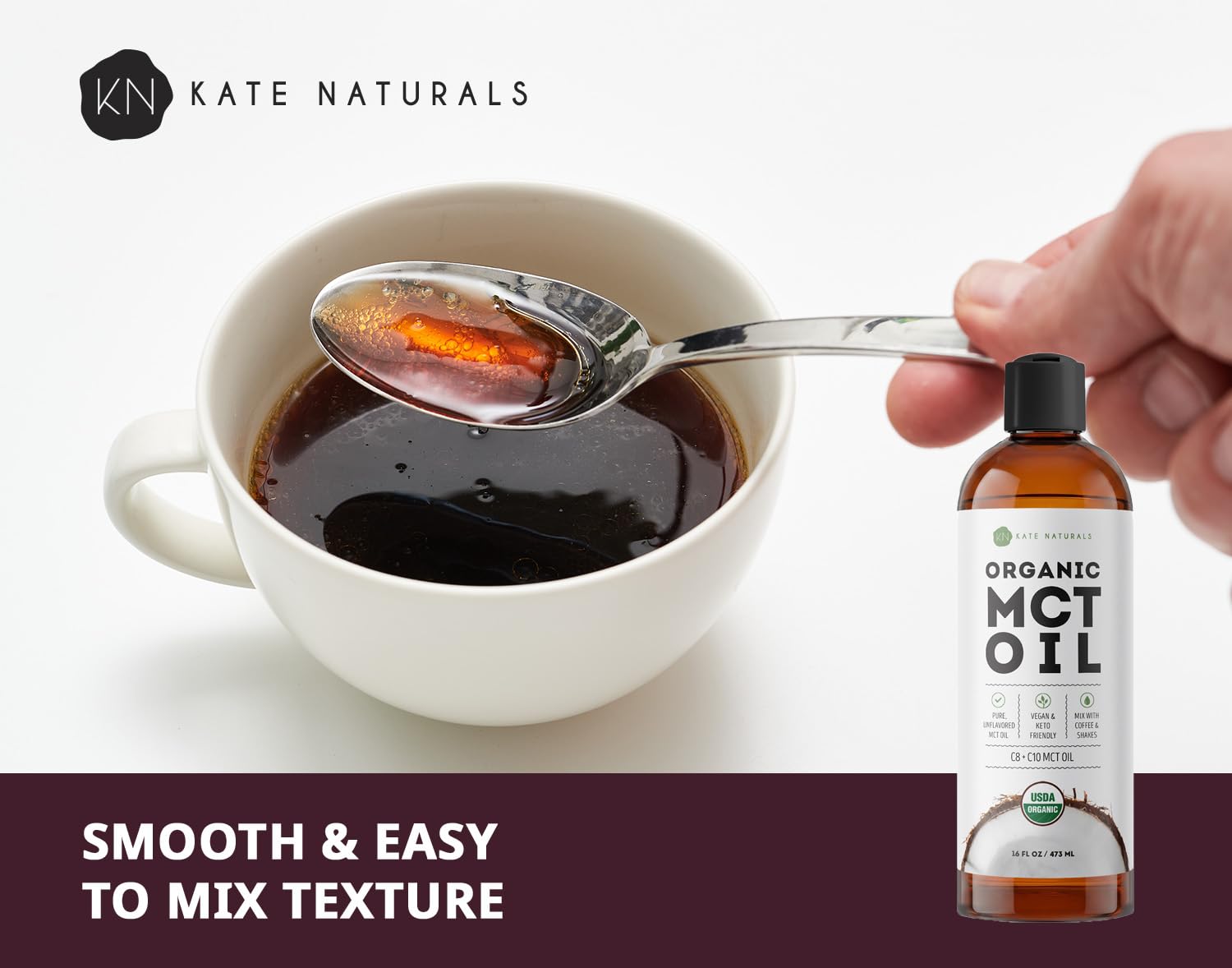Kate Naturals Organic MCT Oil 472g in a kitchen setting