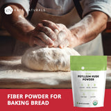 Kate Naturals Organic Psyllium Husk Powder 649g with baking ingredients on a kitchen countertop