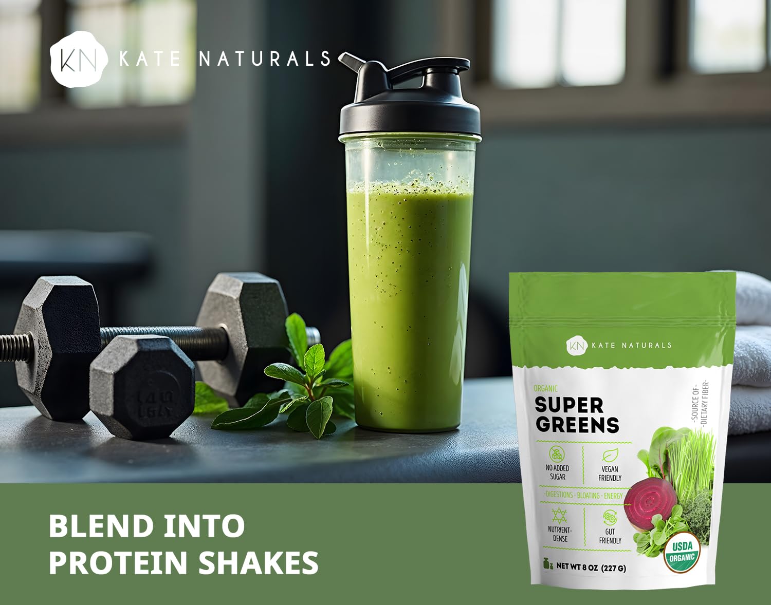 Kate Naturals Organic Super Greens Blend 9g powder close-up of ingredients