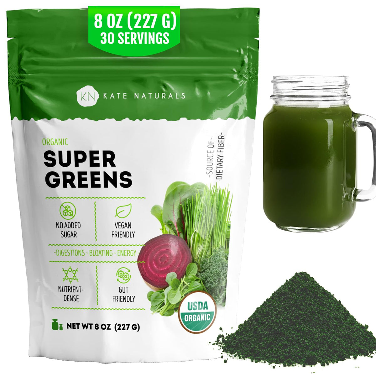 Kate Naturals Organic Super Greens Blend 9g powder front view