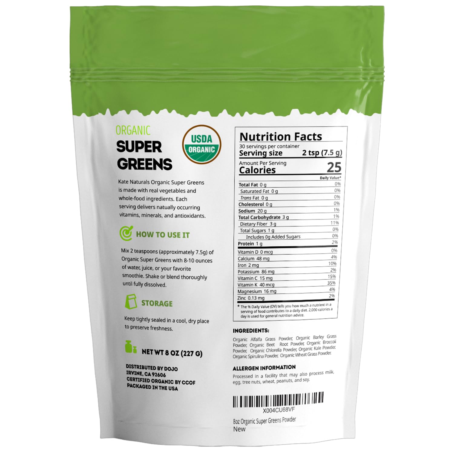 Kate Naturals Organic Super Greens Blend 9g powder on a kitchen counter