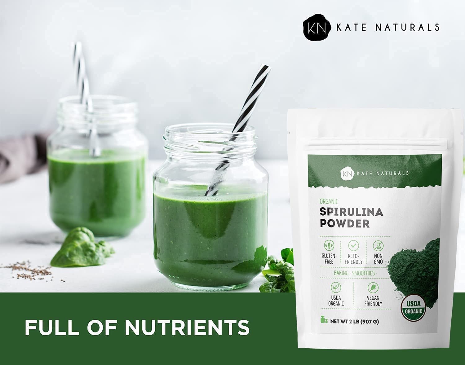 Kate Naturals Spirulina Powder in a bowl with a spoon