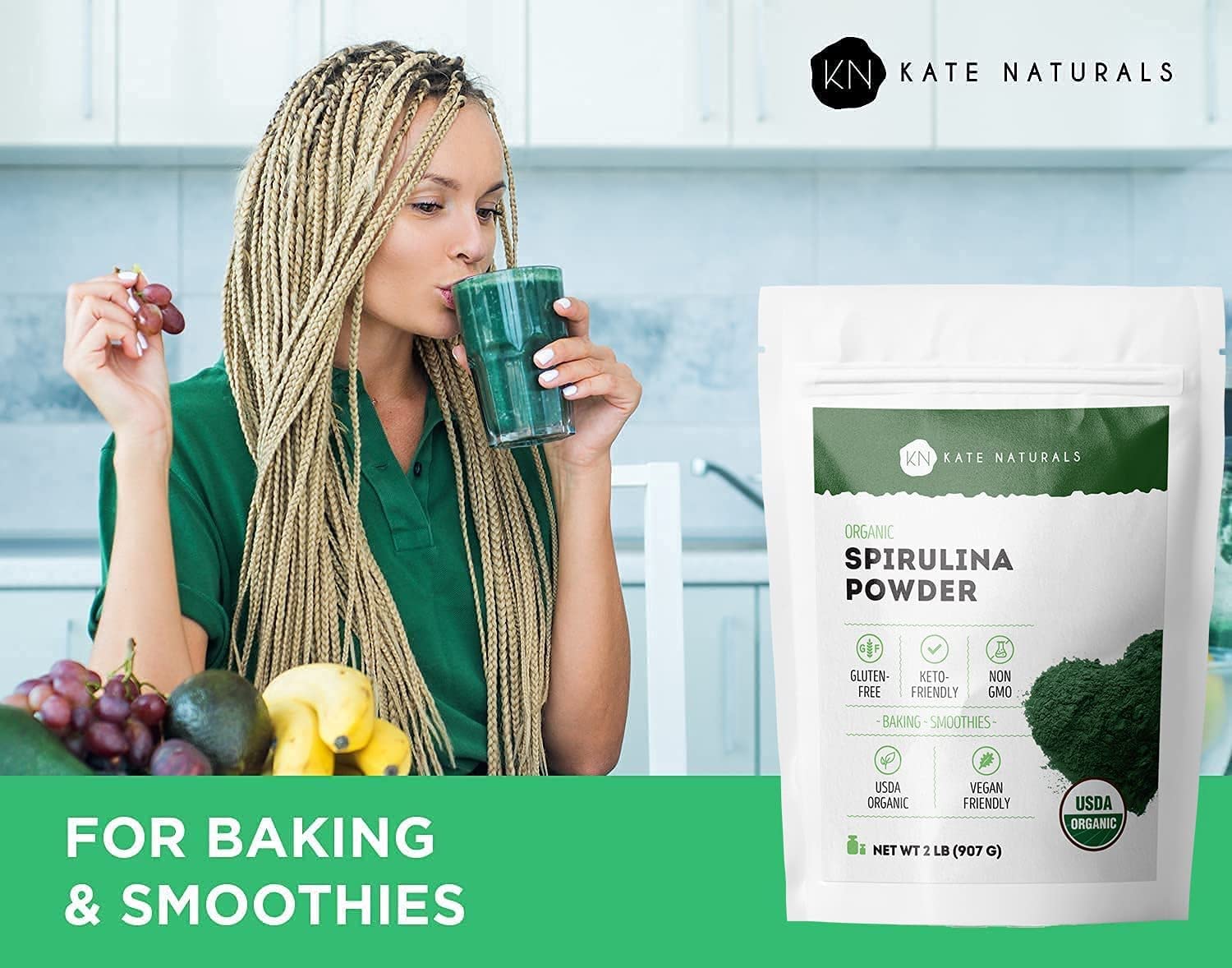 Kate Naturals Spirulina Powder resealable container open