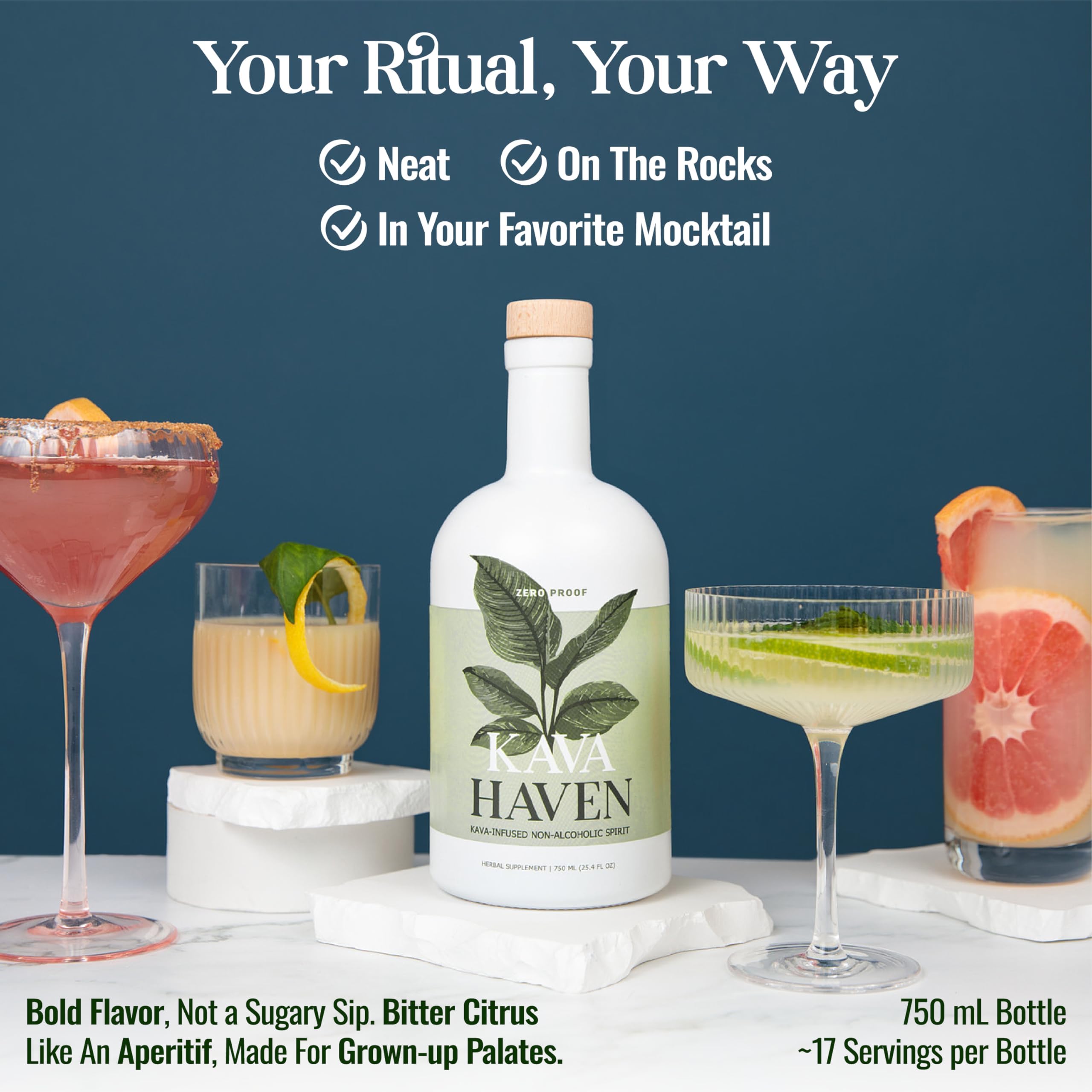 Kava Haven Non-Alcoholic Spirit 750mL bottle on a table