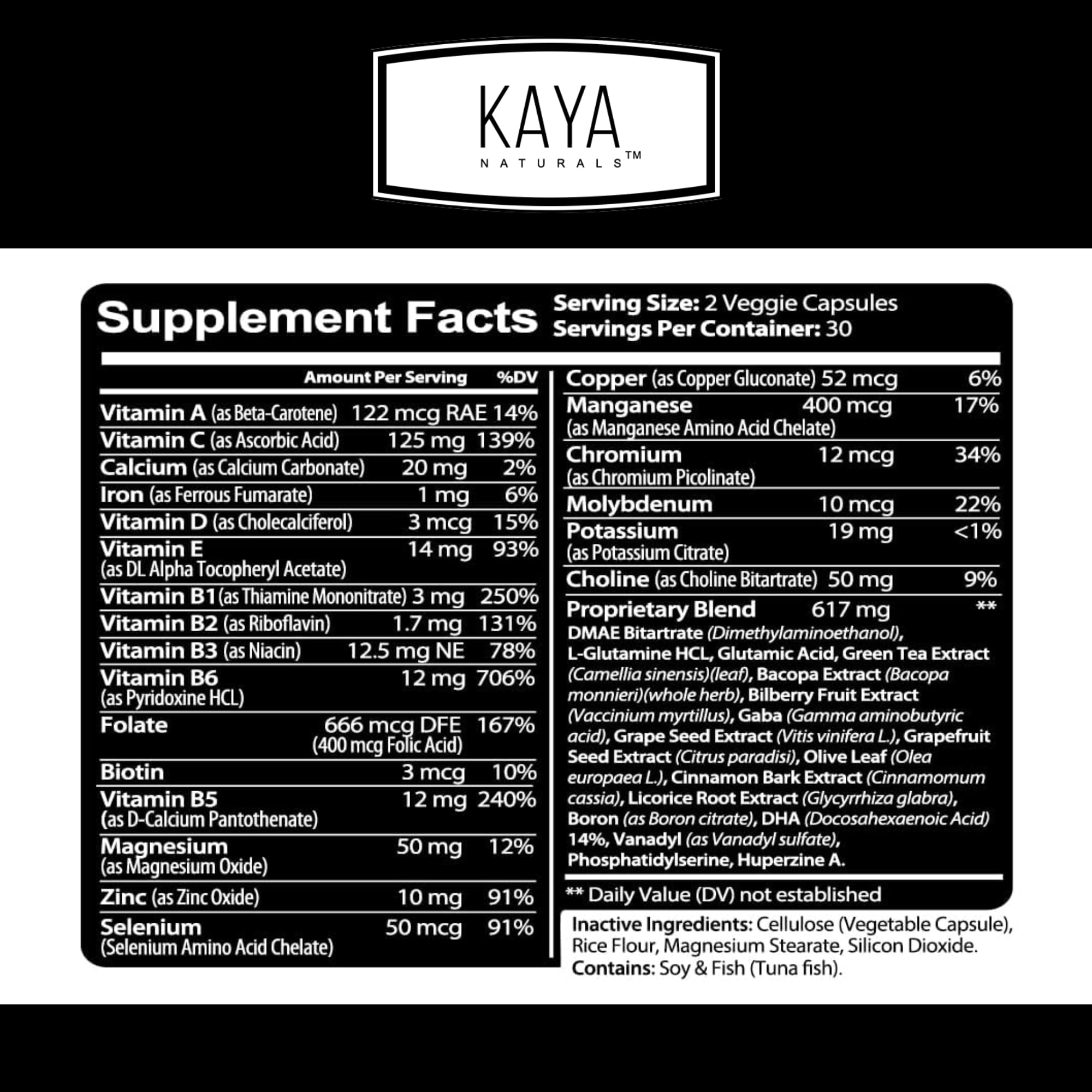 Kaya Naturals Blended Vitamin & Mineral Supplement packaging side