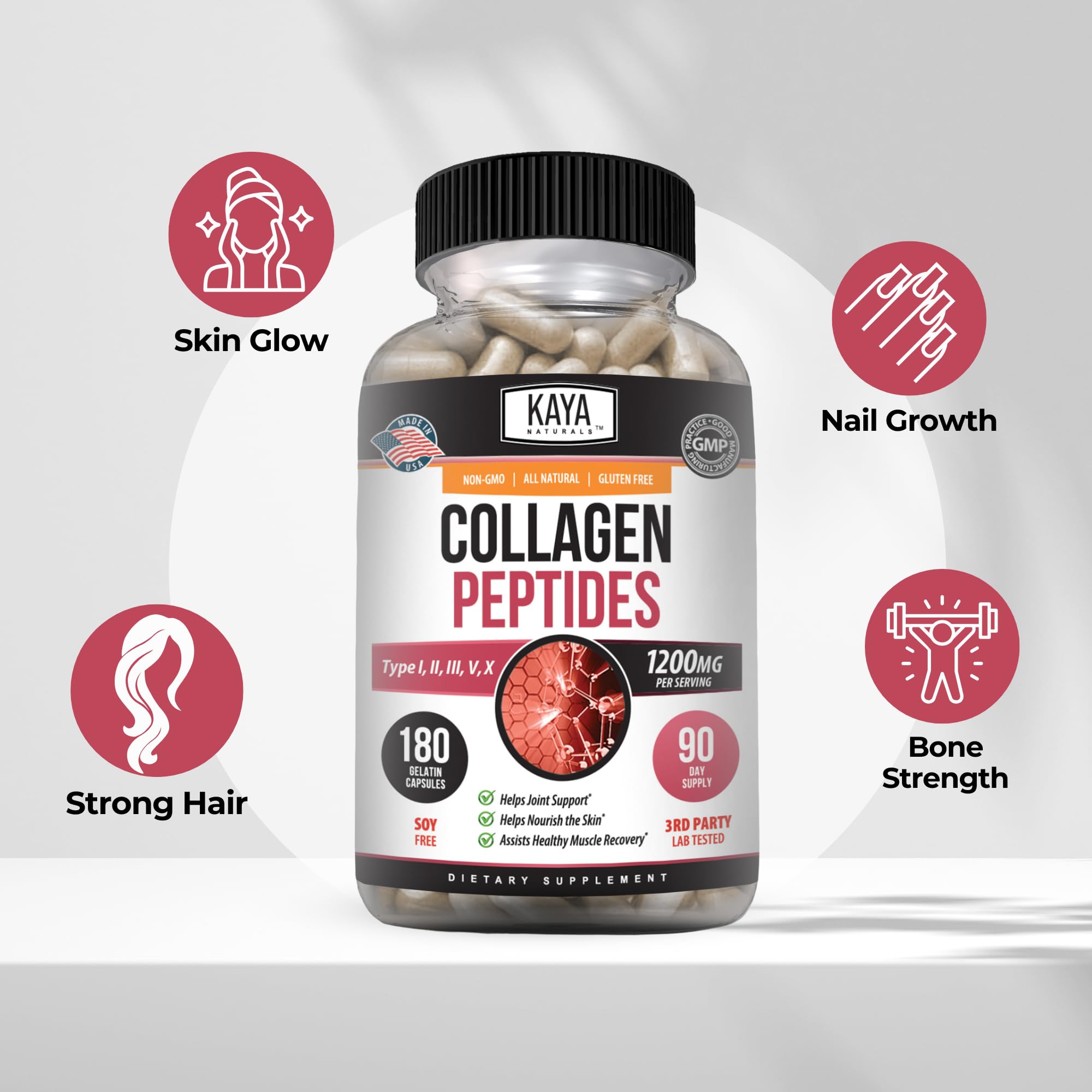 Kaya Naturals Collagen Capsules on a wooden table