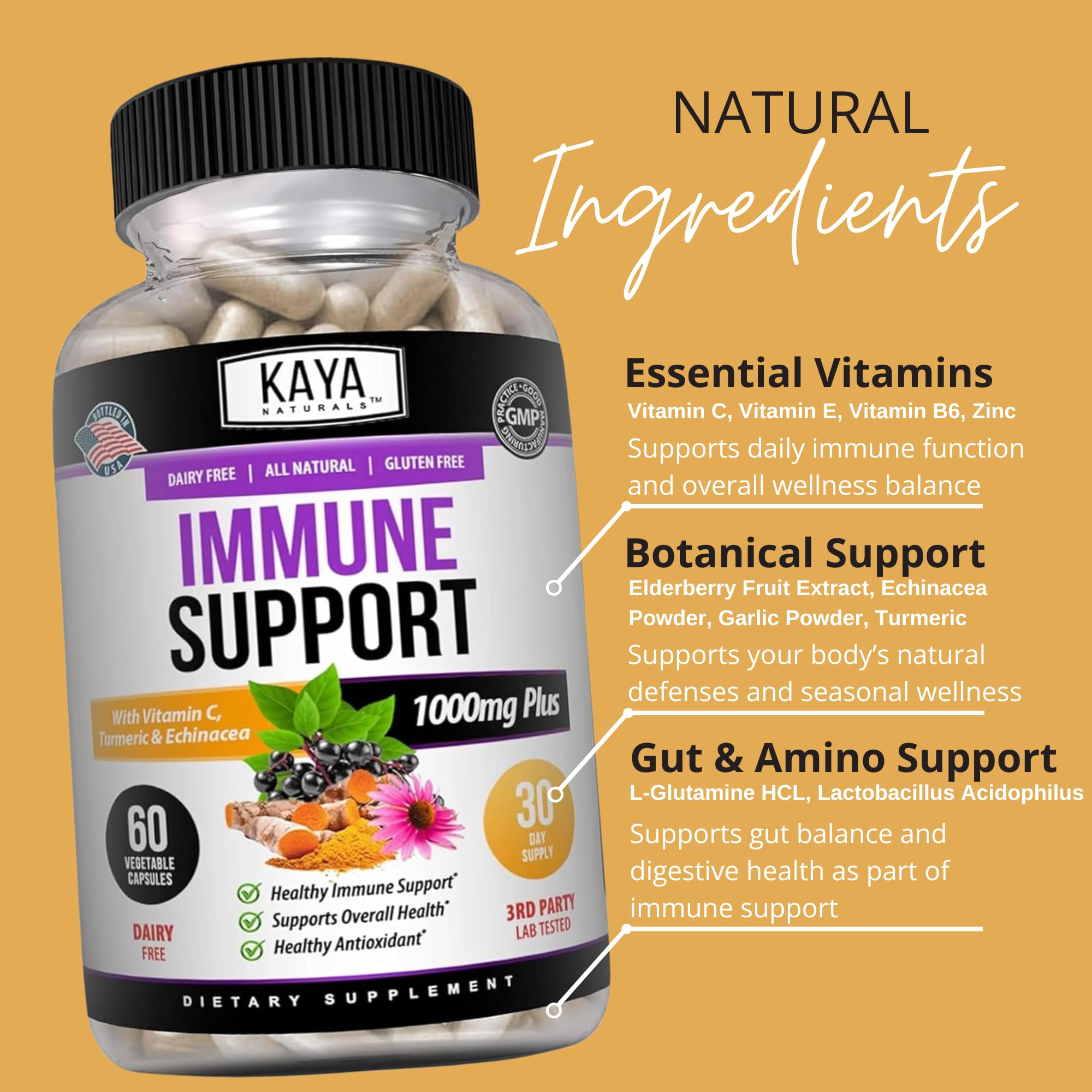 Kaya Naturals Elderberry daily wellness Support Capsules on a wooden table