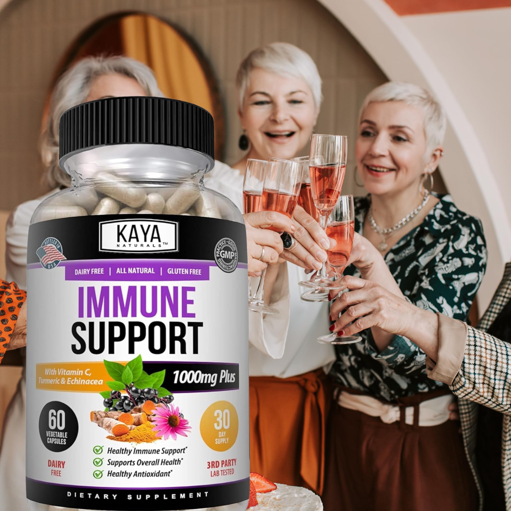 Kaya Naturals Elderberry daily wellness Support Capsules with a measuring spoon