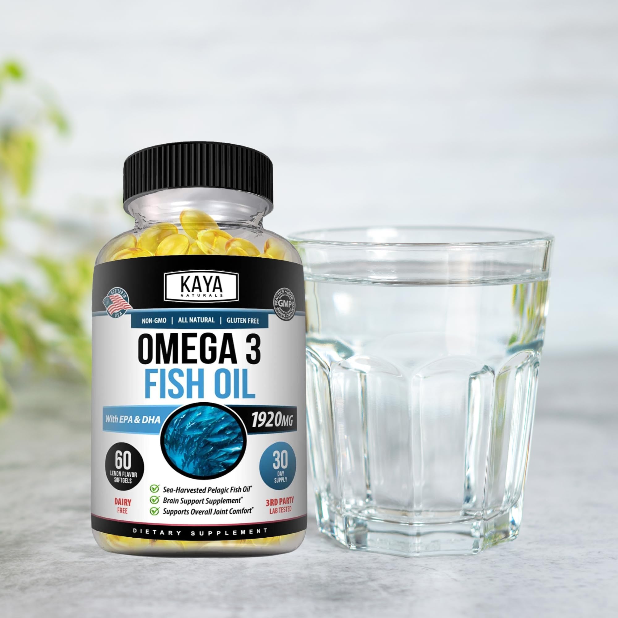 Kaya Naturals Fish Oil Supplement 118g on a kitchen counter
