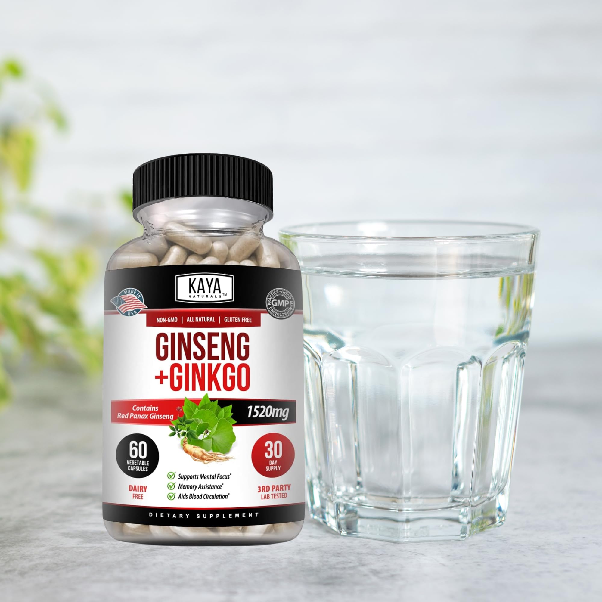 Kaya Naturals Ginkgo Biloba Capsules on a wooden table