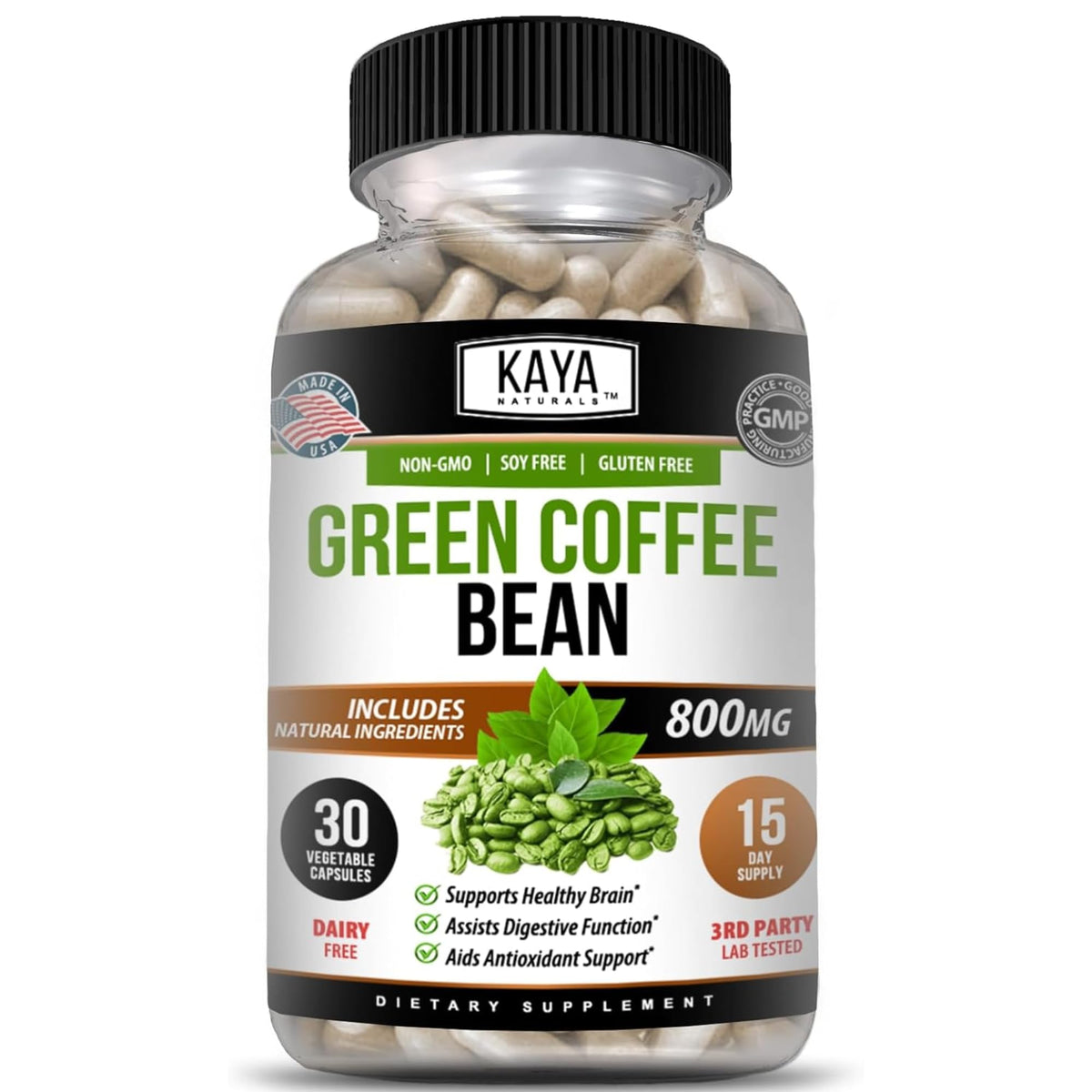 Kaya Naturals Green Coffee Bean Extract 51g capsule bottle front view
